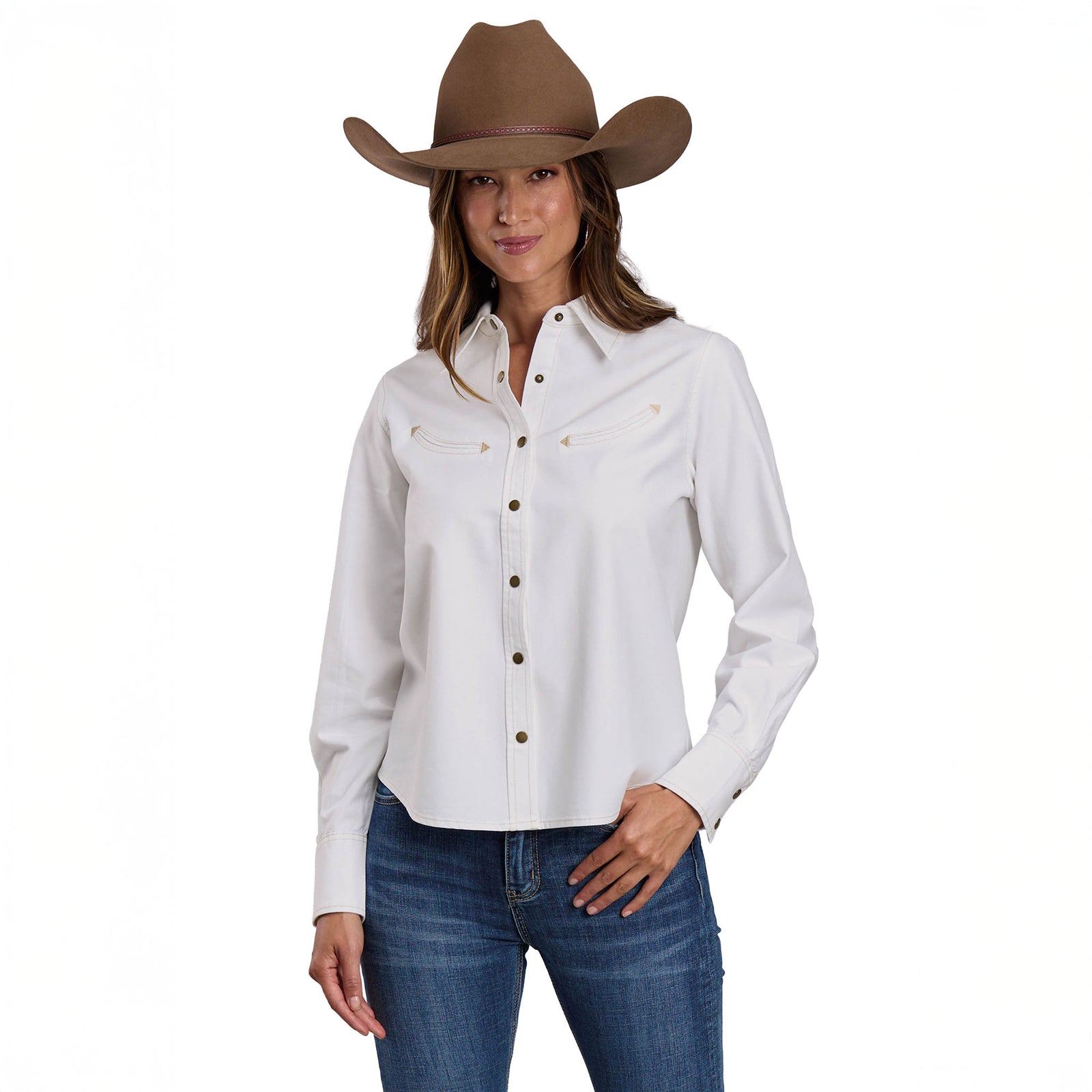 Woman wearing a white shirt, blue jeans, and a brown cowboy hat on a white background