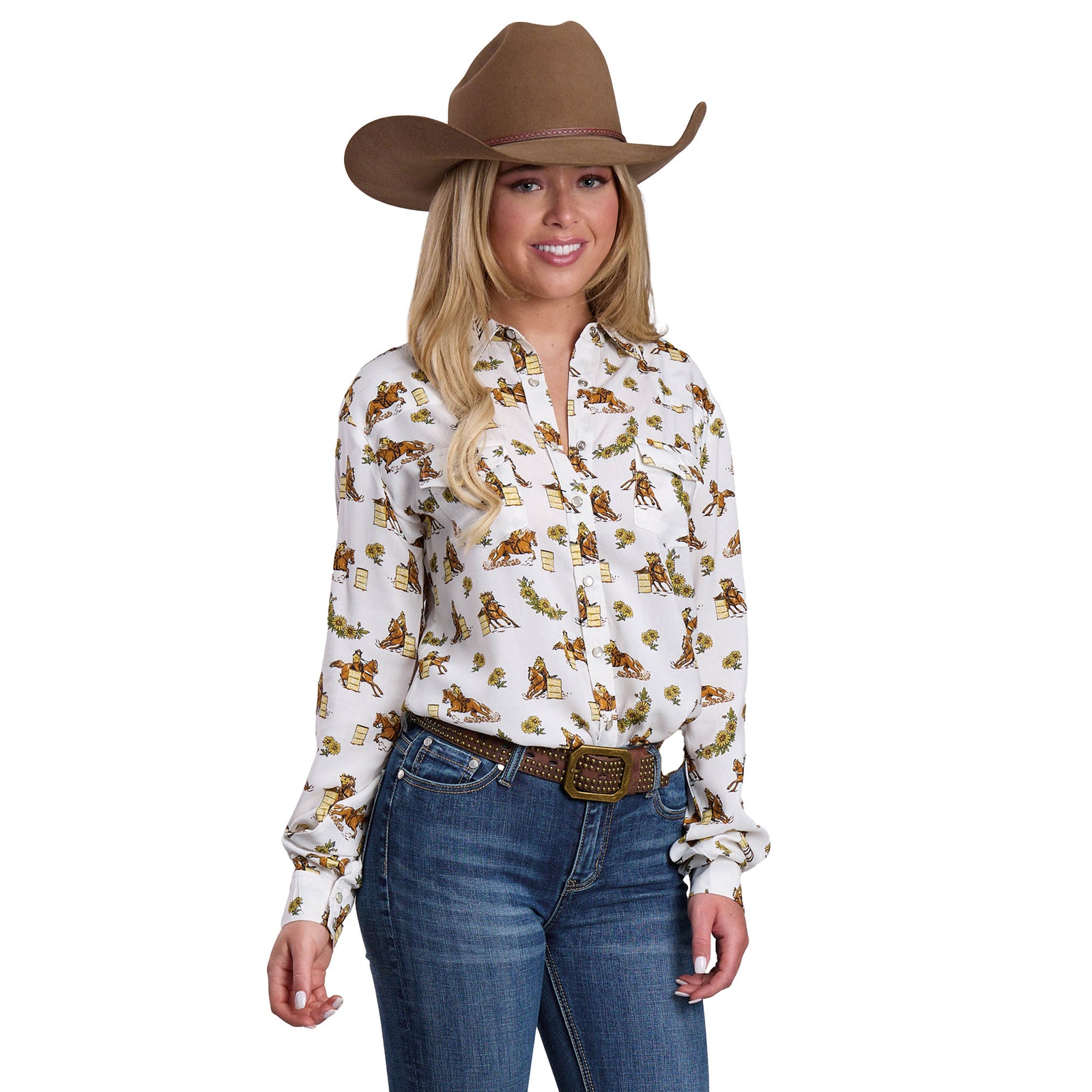 Woman wearing a patterned shirt, jeans, and a cowboy hat on a white background