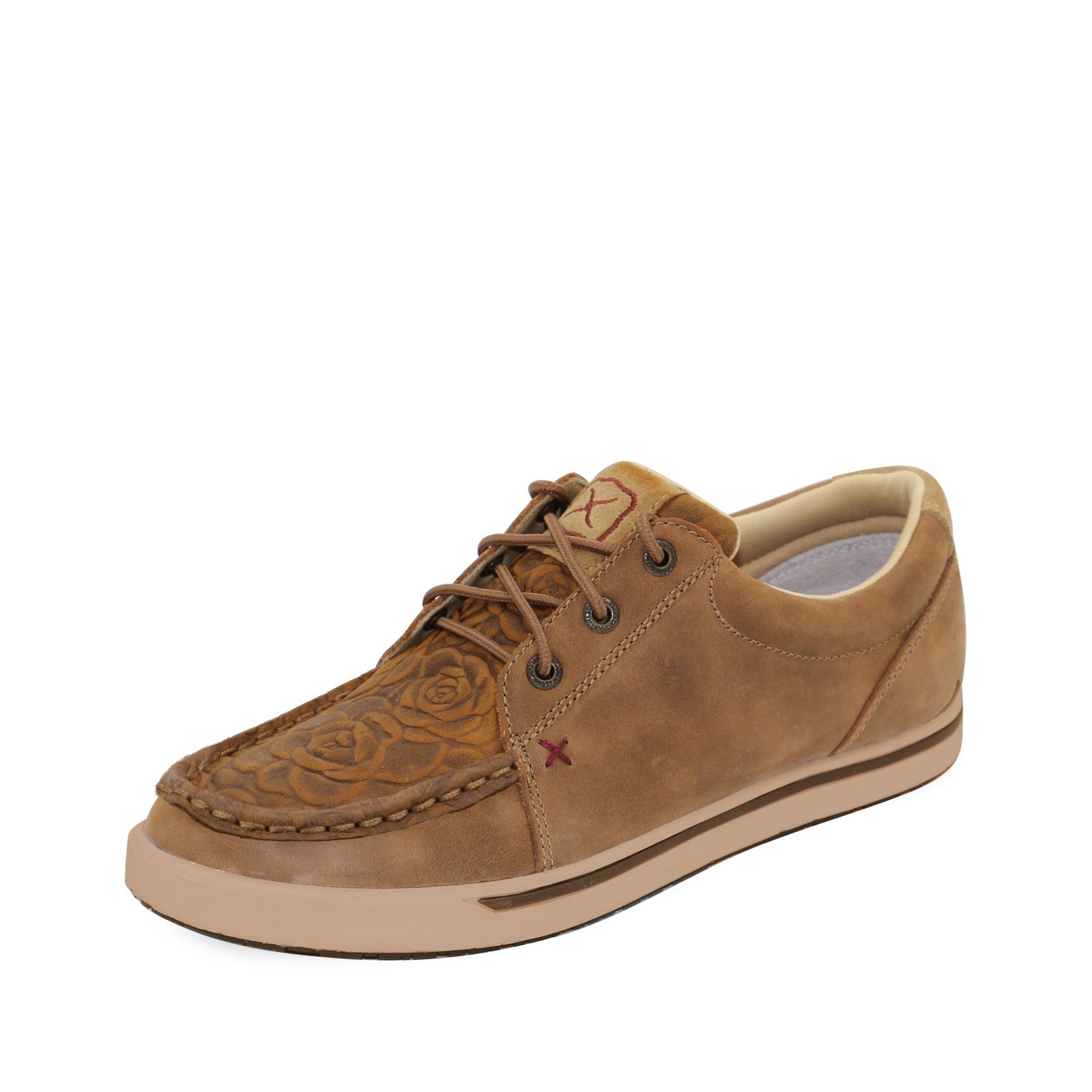 Twisted X Women's Leather Loper Lace Up. A brown Twisted X women's leather loper with lace-up closure and floral embossing on the side.