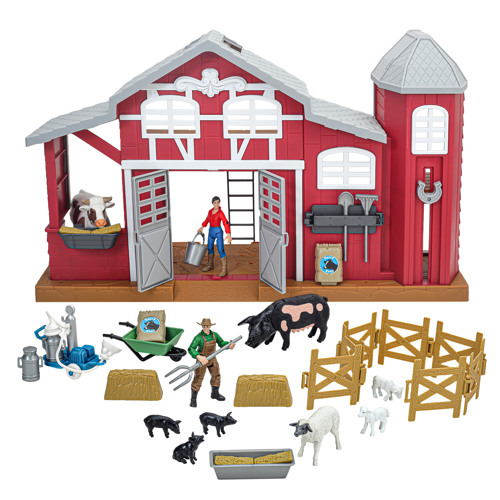 Toy barn set with figures and accessories on a white background