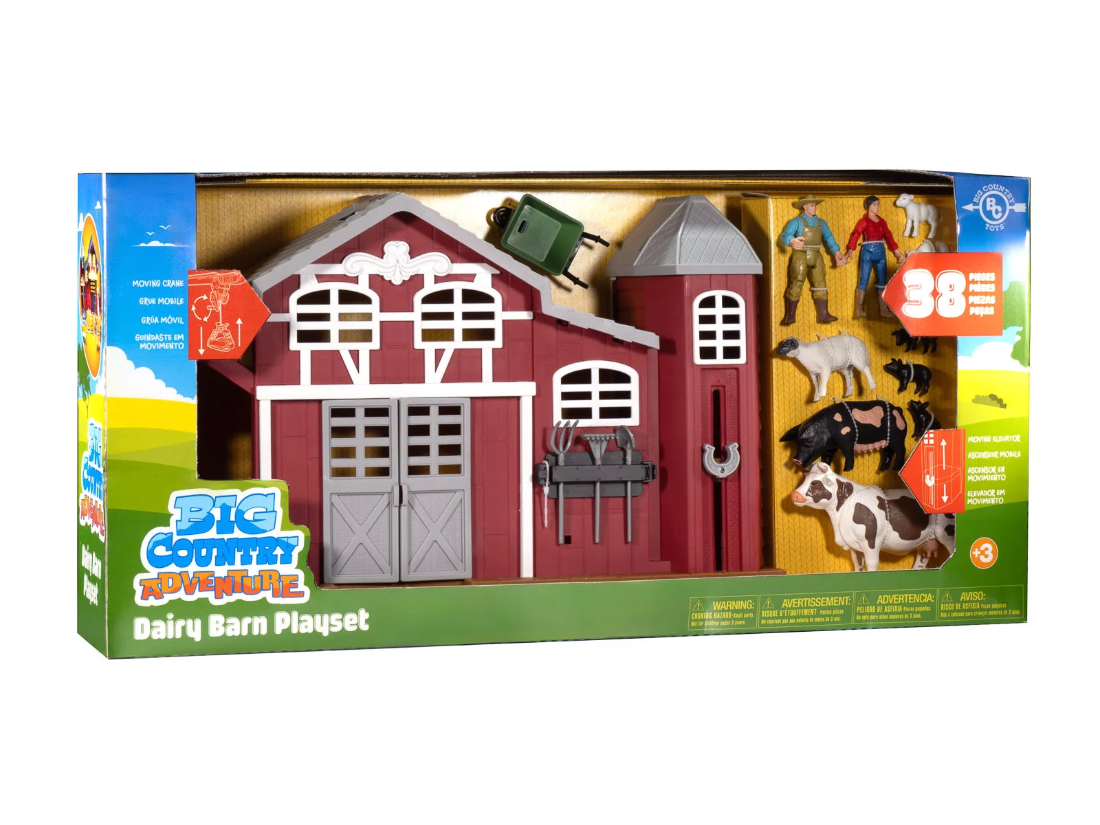 Big Country Toys Dairy Barn Playset packaging with barn model, animals, and people figures.