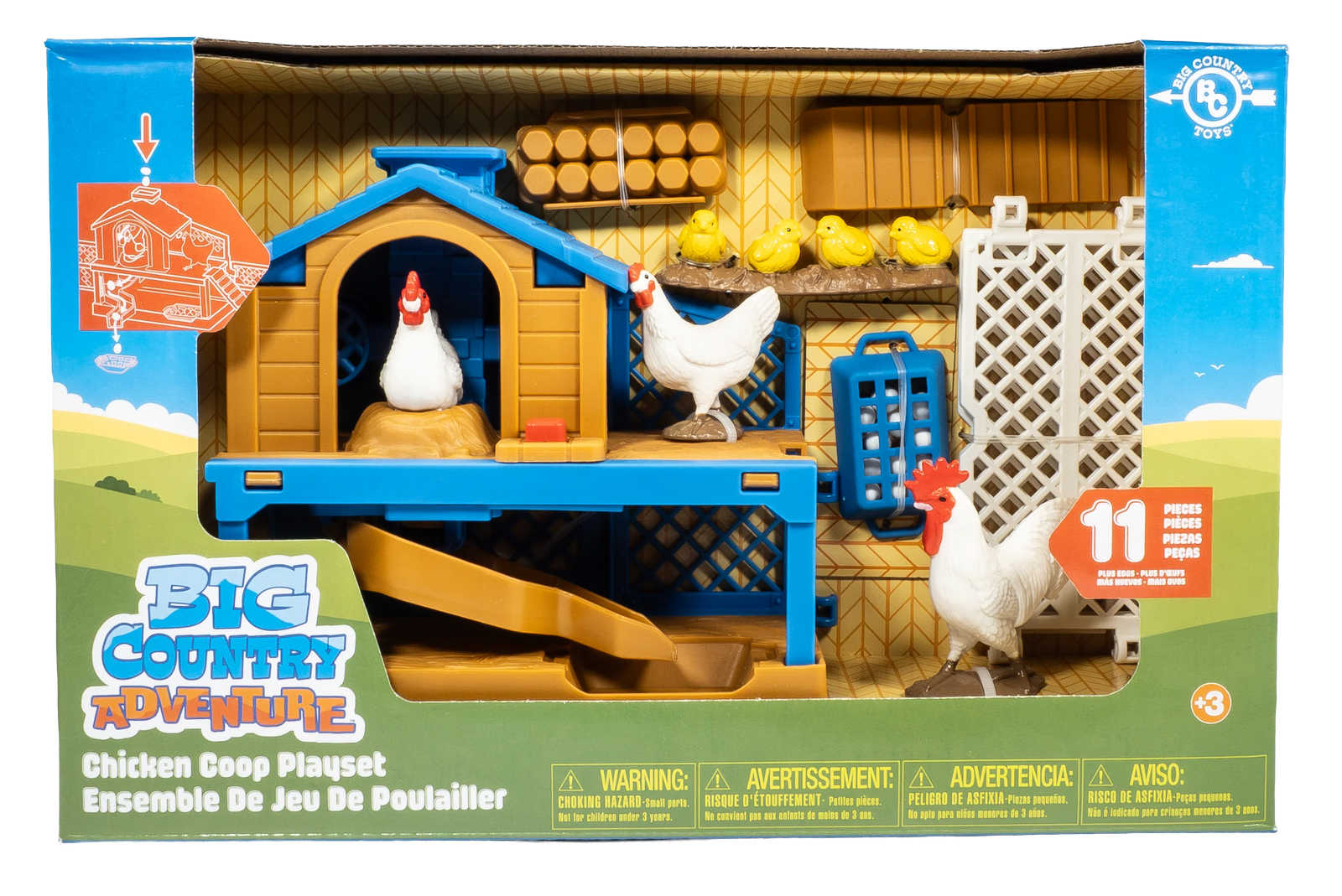 Toy chicken coop playset packaging with chickens and accessories on a blue and green background.