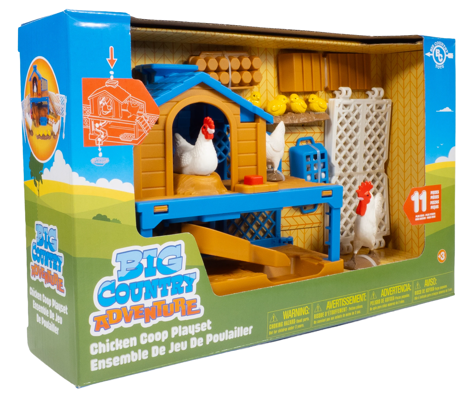 Toy chicken coop playset packaging with chickens and accessories on a white background
