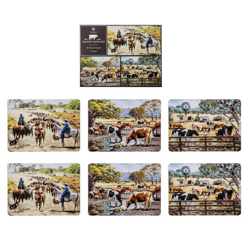 Ashdene Grazing Paddocks Set of 6 Placemats. A set of six placemats with agricultural artwork featuring cows and landscapes.