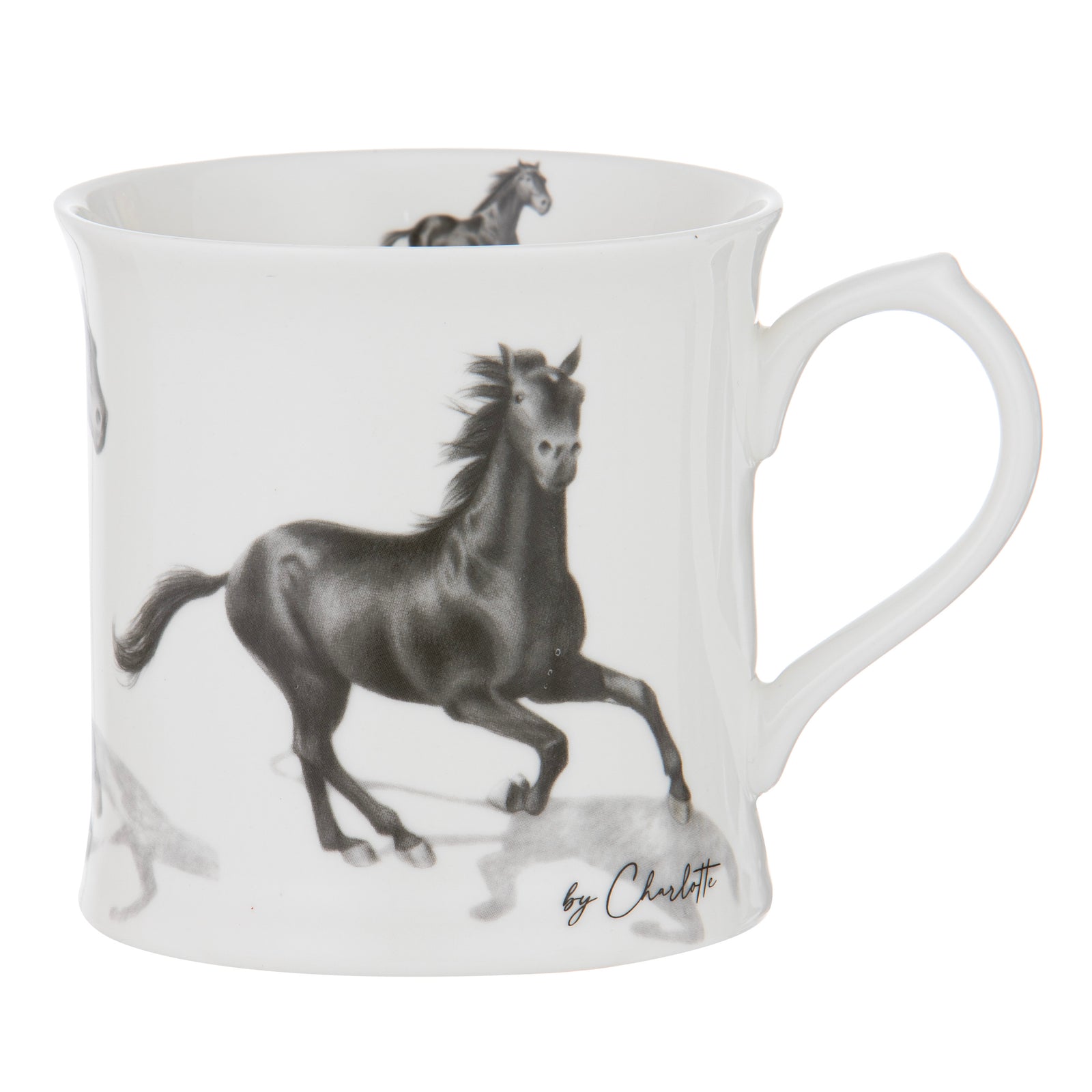 Ashdene Horses By Charlotte Black Mug. White mug with black and white horse illustration on a white background