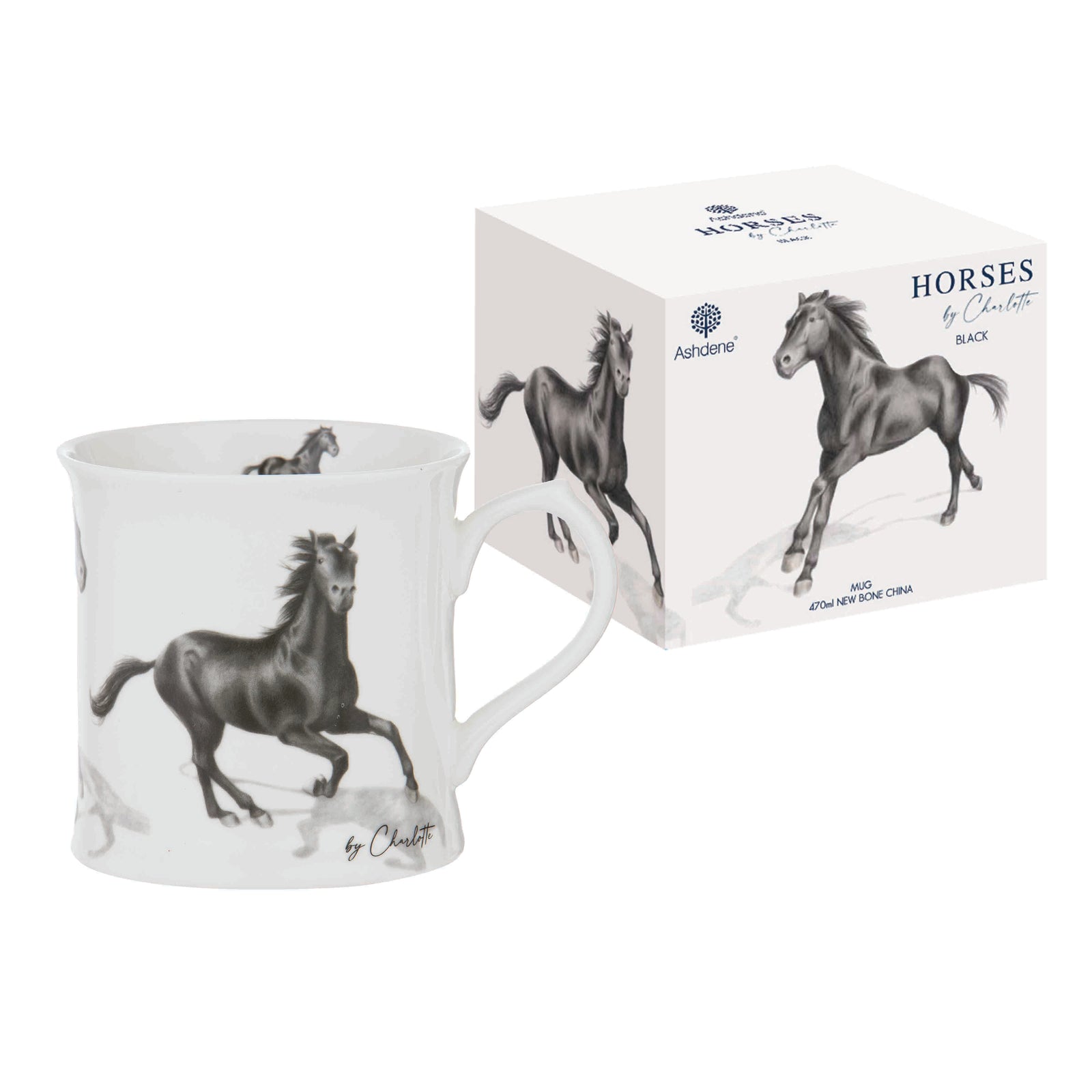 Ashdene Horses By Charlotte Black Mug. Mug with horse design and packaging on a white background
