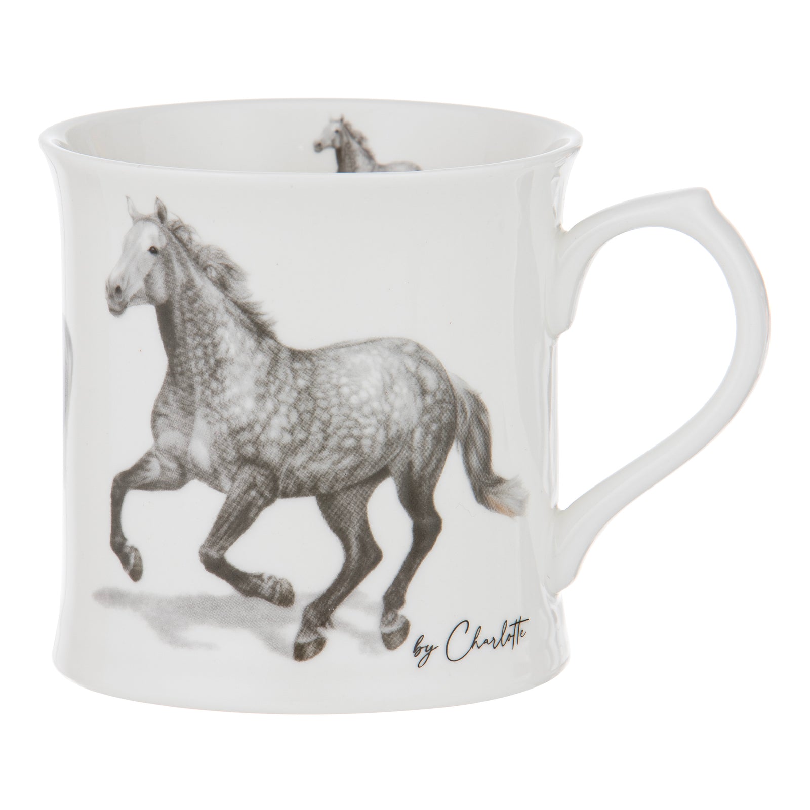 Ashdene Horses By Charlotte Grey Mug. White mug with a horse design and 'by Charlotte' text on a white background