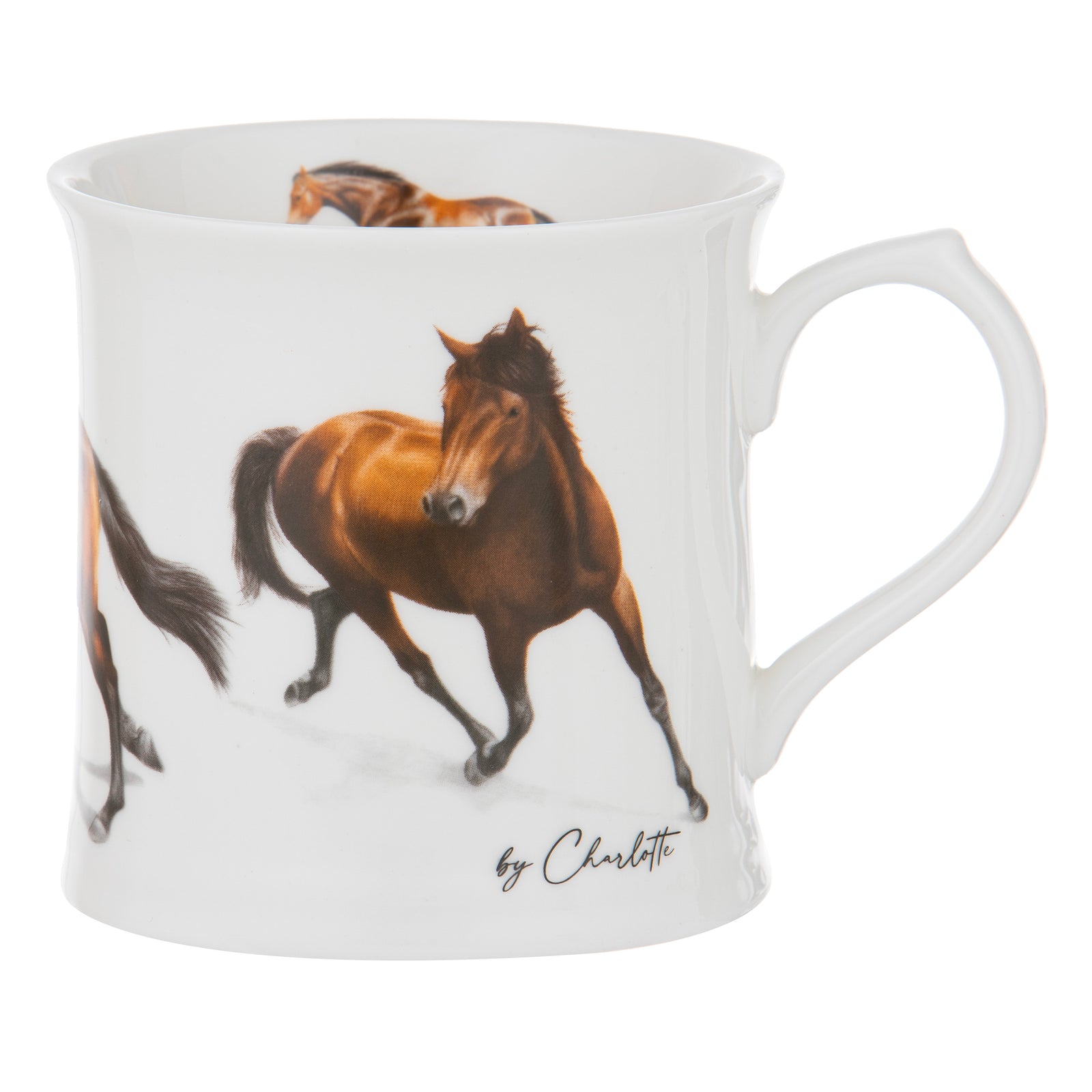Ashdene Horses By Charlotte Bay Mug. Mug with horse design and 'by Charlotte' text on a white background