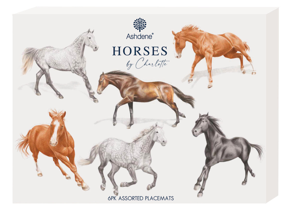 Ashdene Horses By Charlotte 6pk Placemat. Assorted placemats with horse designs by Ashdene on a white background