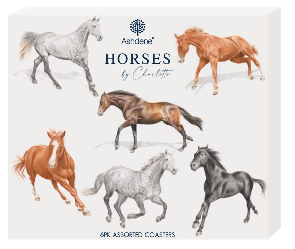 Ashdene Horses By Charlotte 6pk Coaster. Coaster set packaging with illustrations of horses and Ashdene branding.