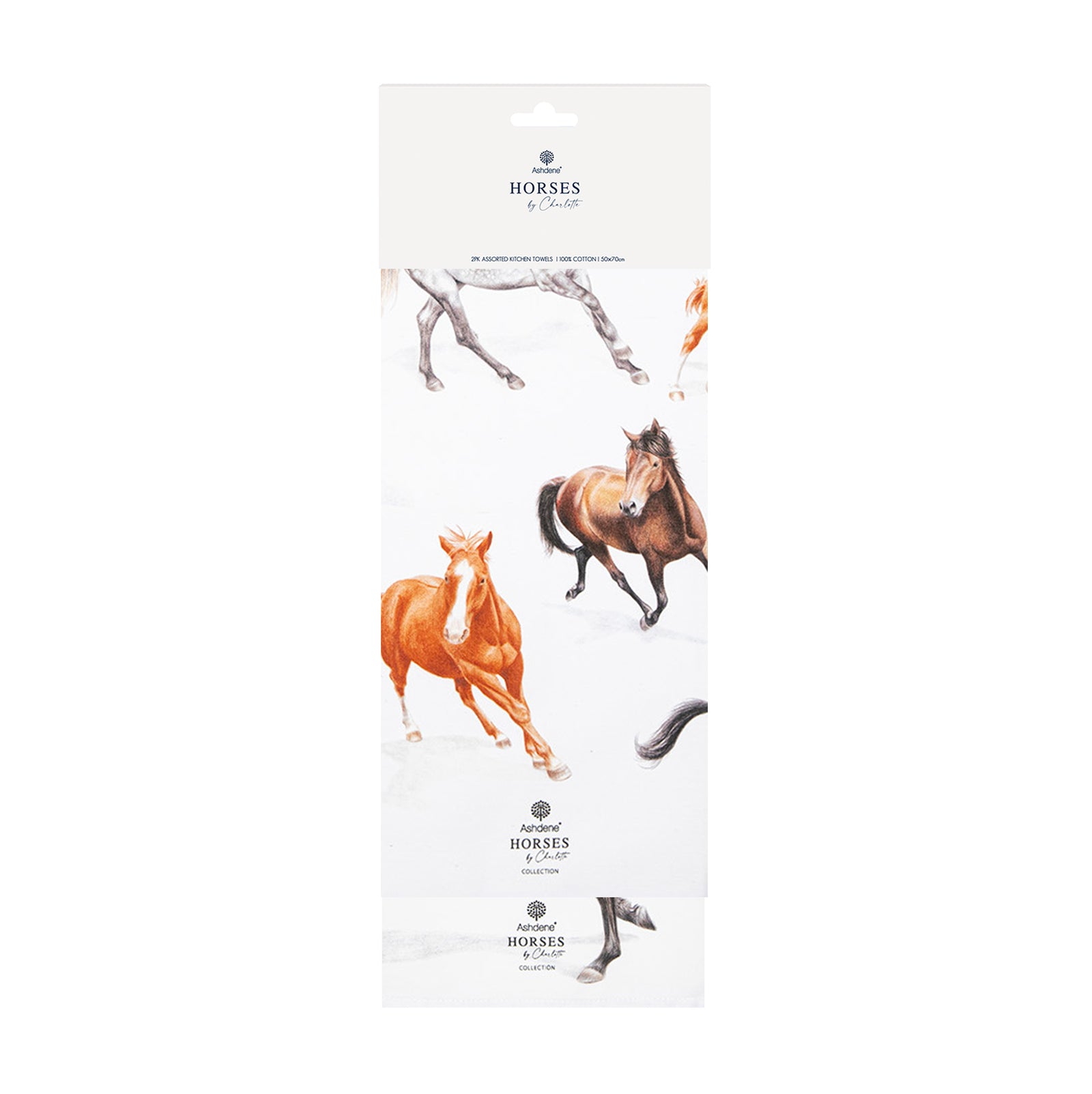 Ashdene Horses By Charlotte 2pk Kitchen Towel. Pack of horse-themed tea towel with illustrations on a white background