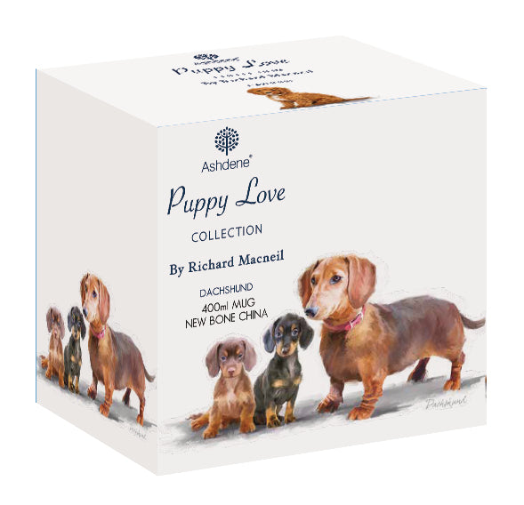 Ashdene Puppy Love Dachshund Mug. Box of Ashdene Puppy Love Collection featuring dachshunds on a white background