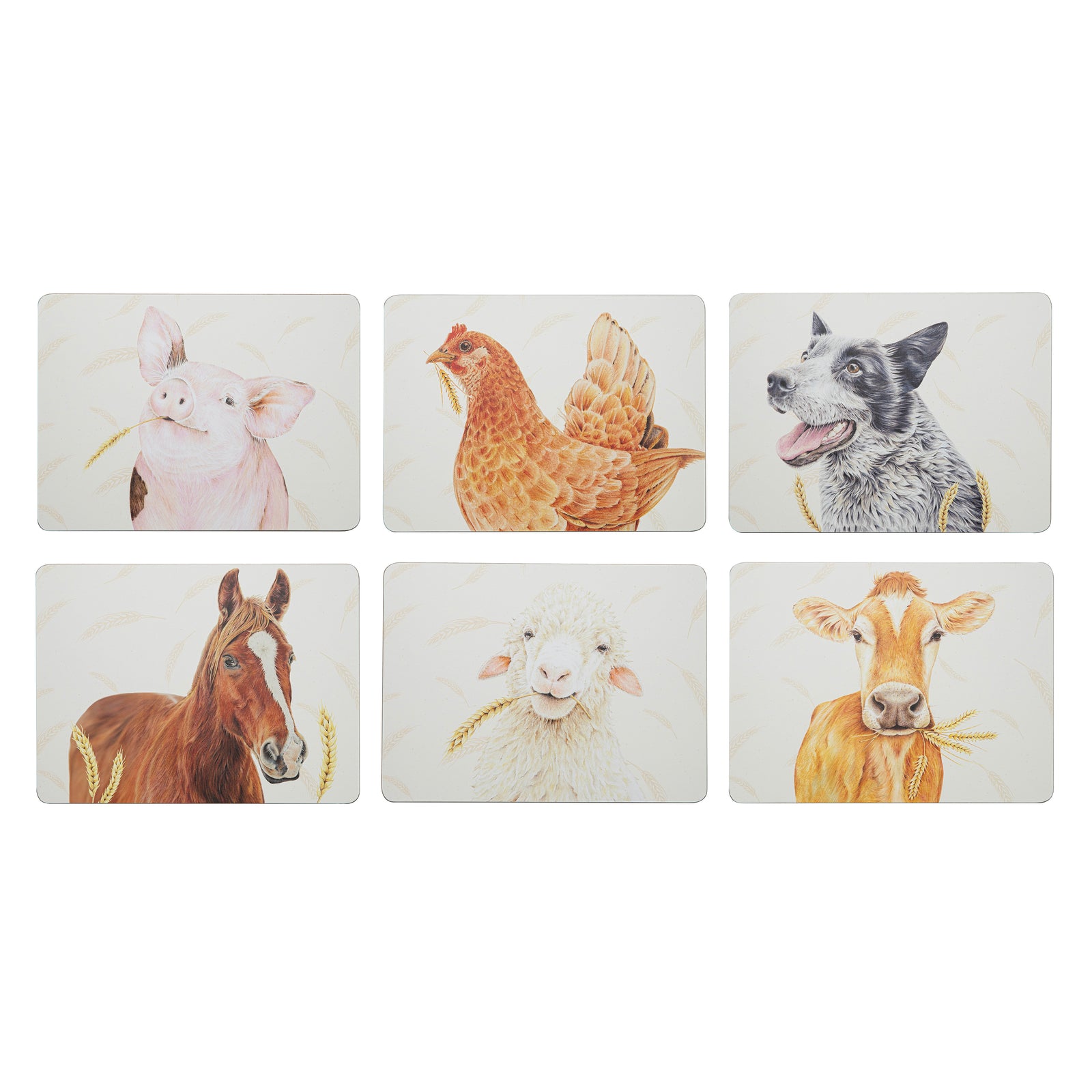 Set of six coasters with images of farm animals on a white background