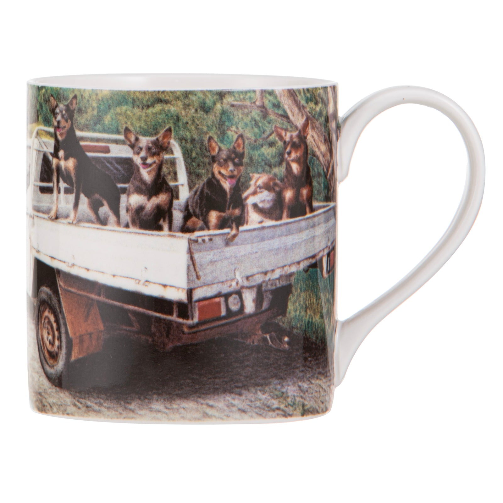 Ashdene Working Dogs Ute Mug. Mug with a design of dogs in a truck on a white background