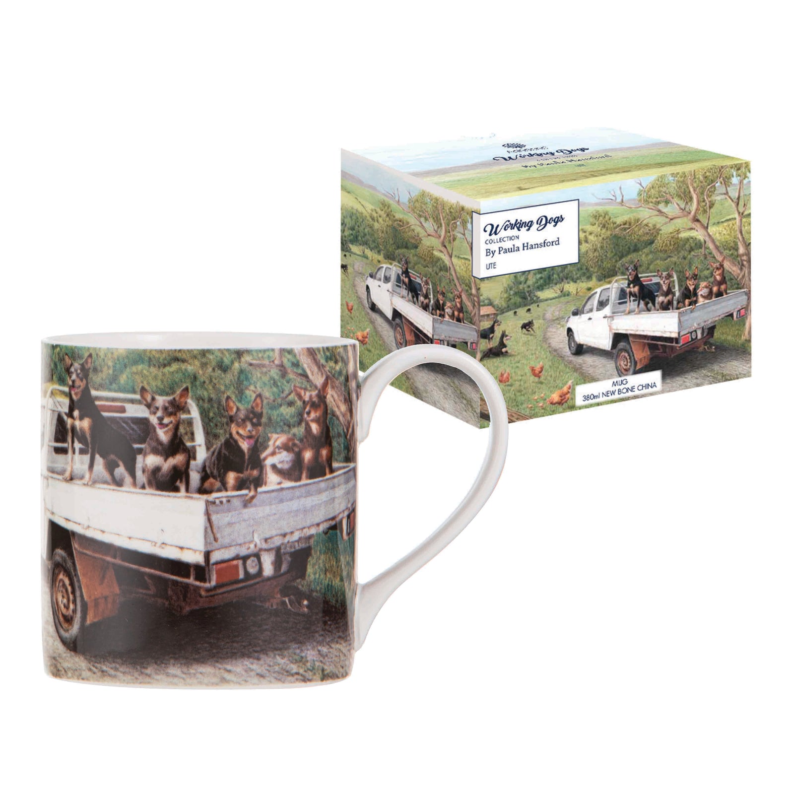 Ashdene Working Dogs Ute Mug. Mug with a design of dogs in a truck and packaging in the background