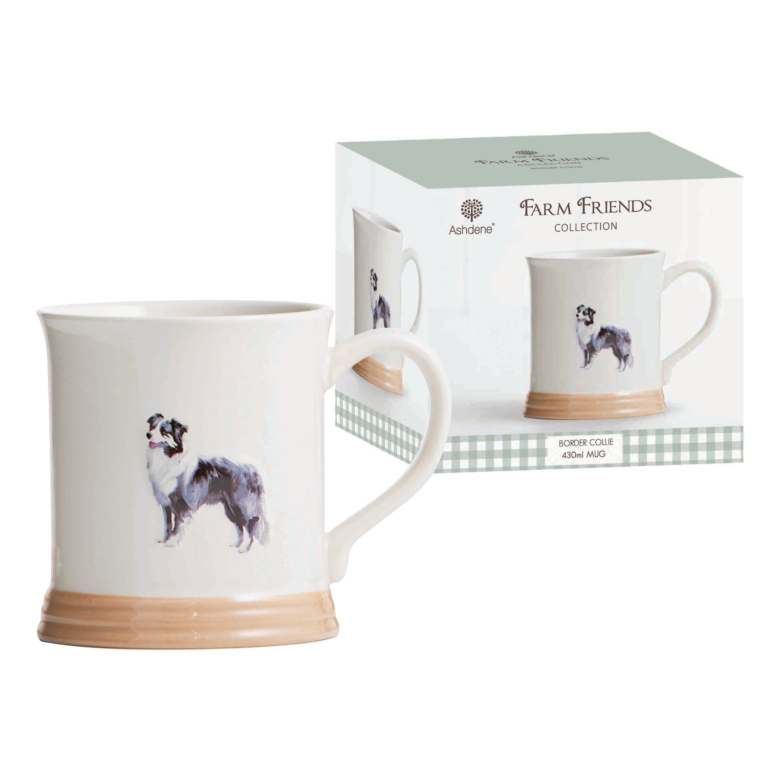 Ashdene Farm Friends Border Collie Mug. Mug with a dog design and packaging labeled 'Farm Friends Collection' on a white background