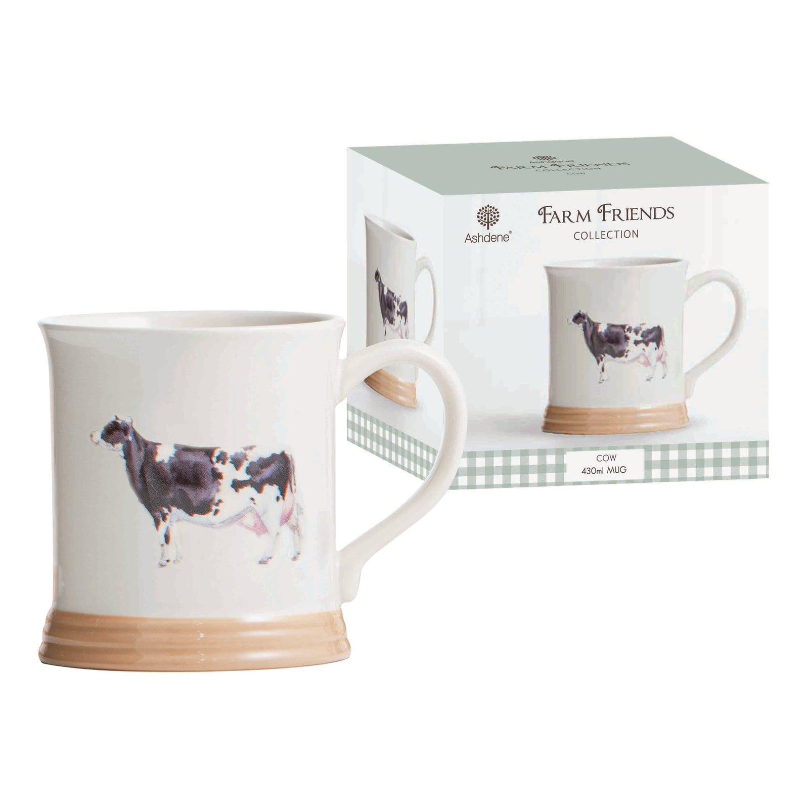 Ladelle Farm Friends Cow Mug. Mug with cow design in a 'Farm Friends' collection box on a white background