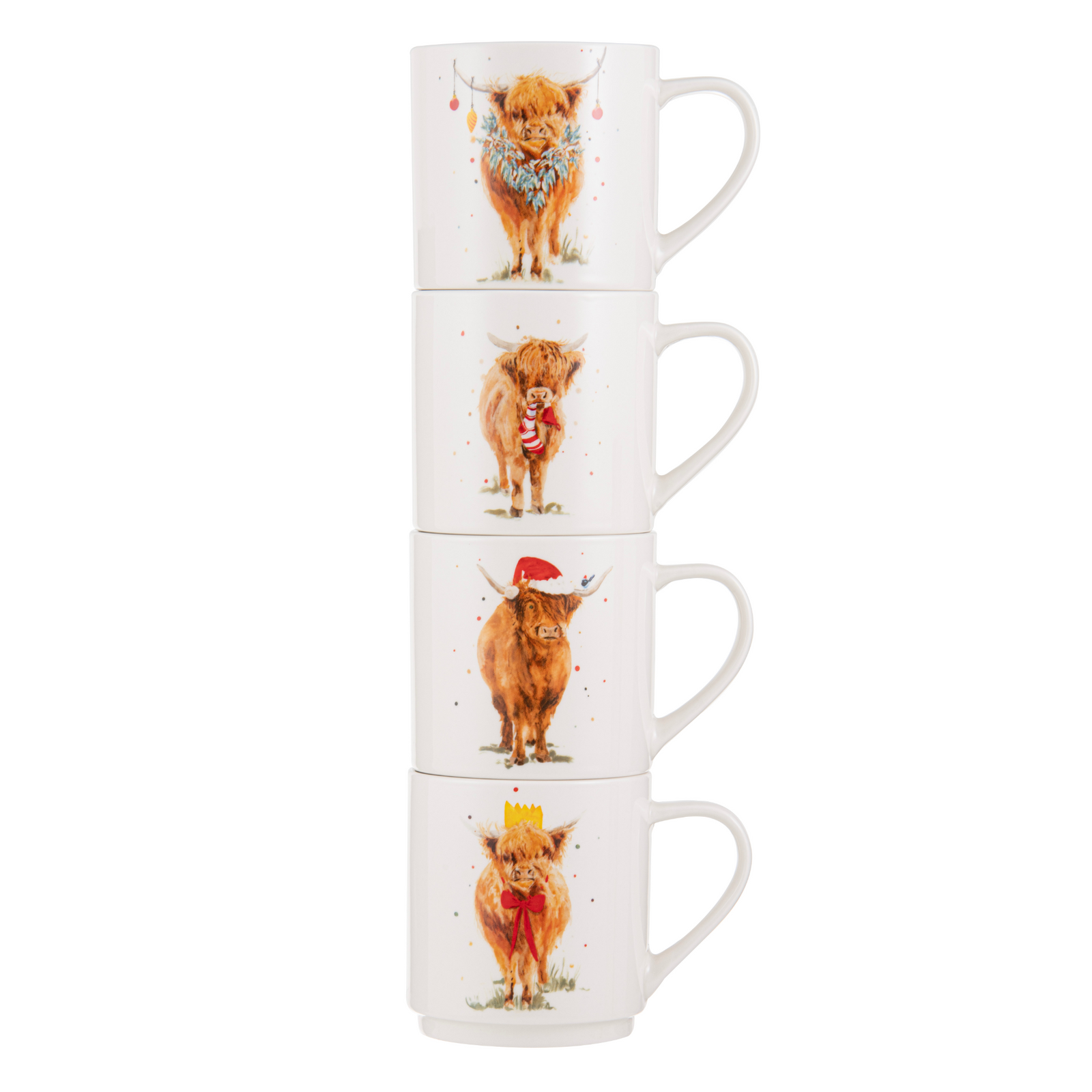 Ashdene Coo Christmas Stackable 4pk Mug. Stack of four mugs with highland cow illustrations on a white background