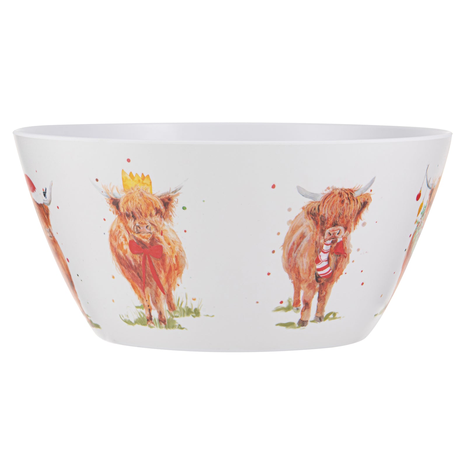 Ashdene Coo Christmas Large Melamine Salad/Chip Bowl. Ceramic bowl with highland cow design on a white background