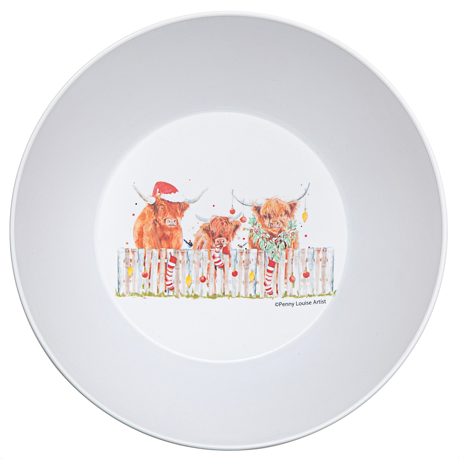 Ashdene Coo Christmas Large Melamine Salad/Chip Bowl. White plate with a decorative design of three cartoon bulls wearing Christmas hats and tinsel on a white background.