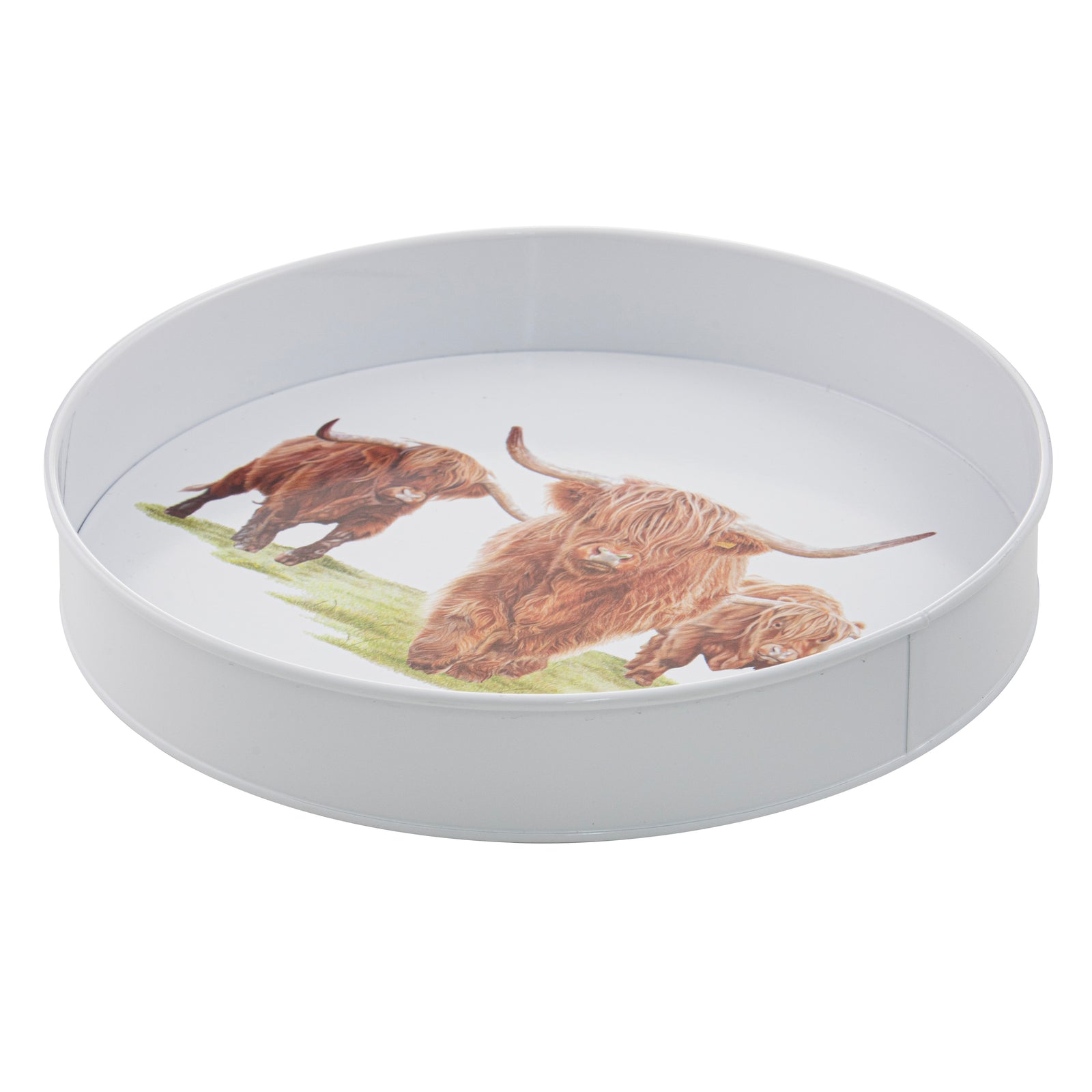 Round tray with highland cow design on a white background