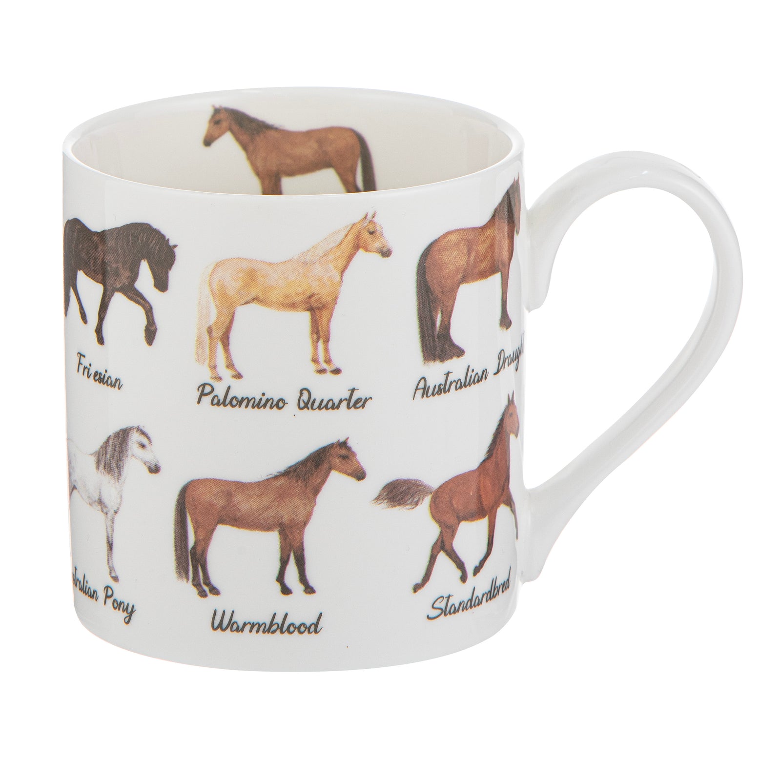 White mug with horse illustrations and names on a white background