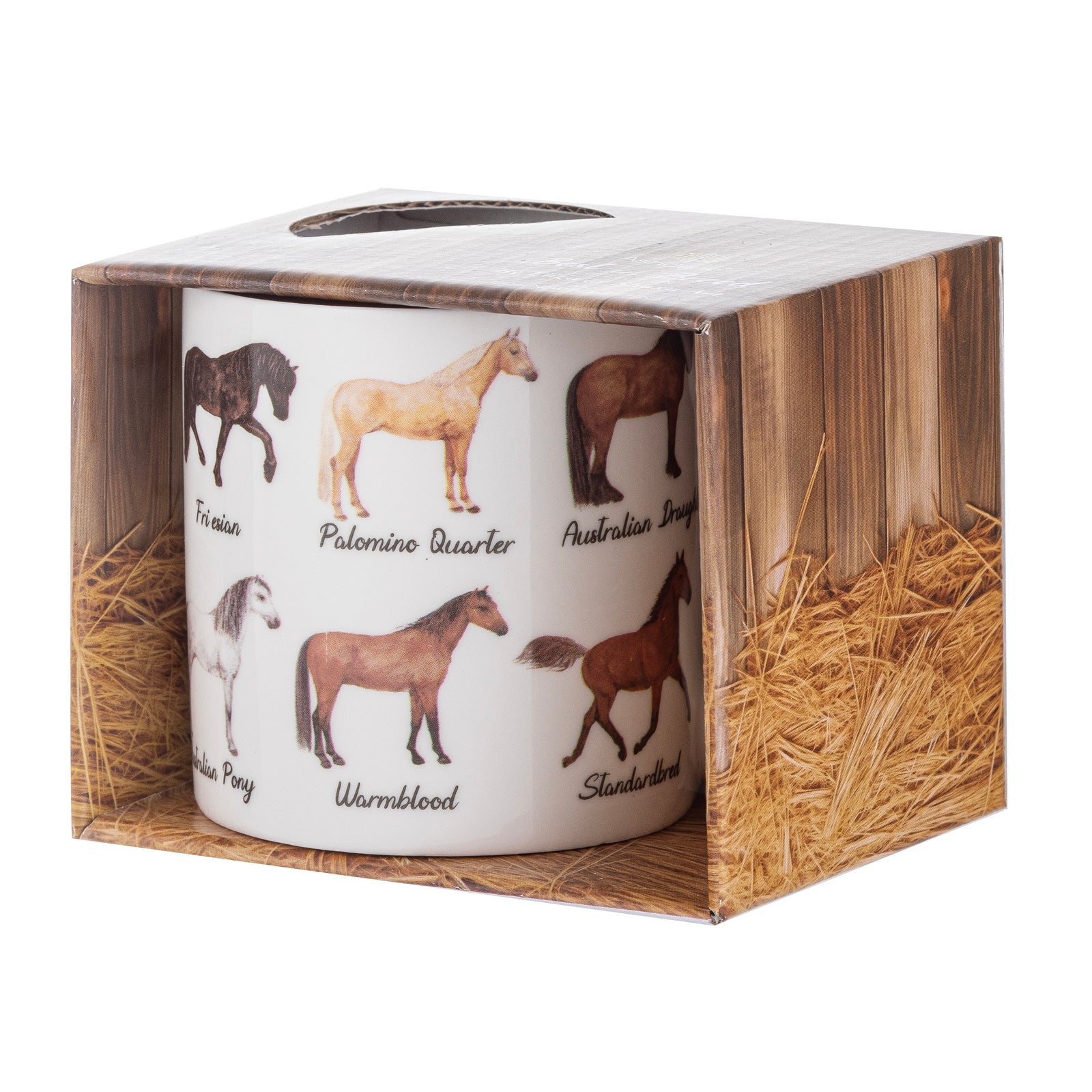 Mug with horse illustrations in a wooden box with hay