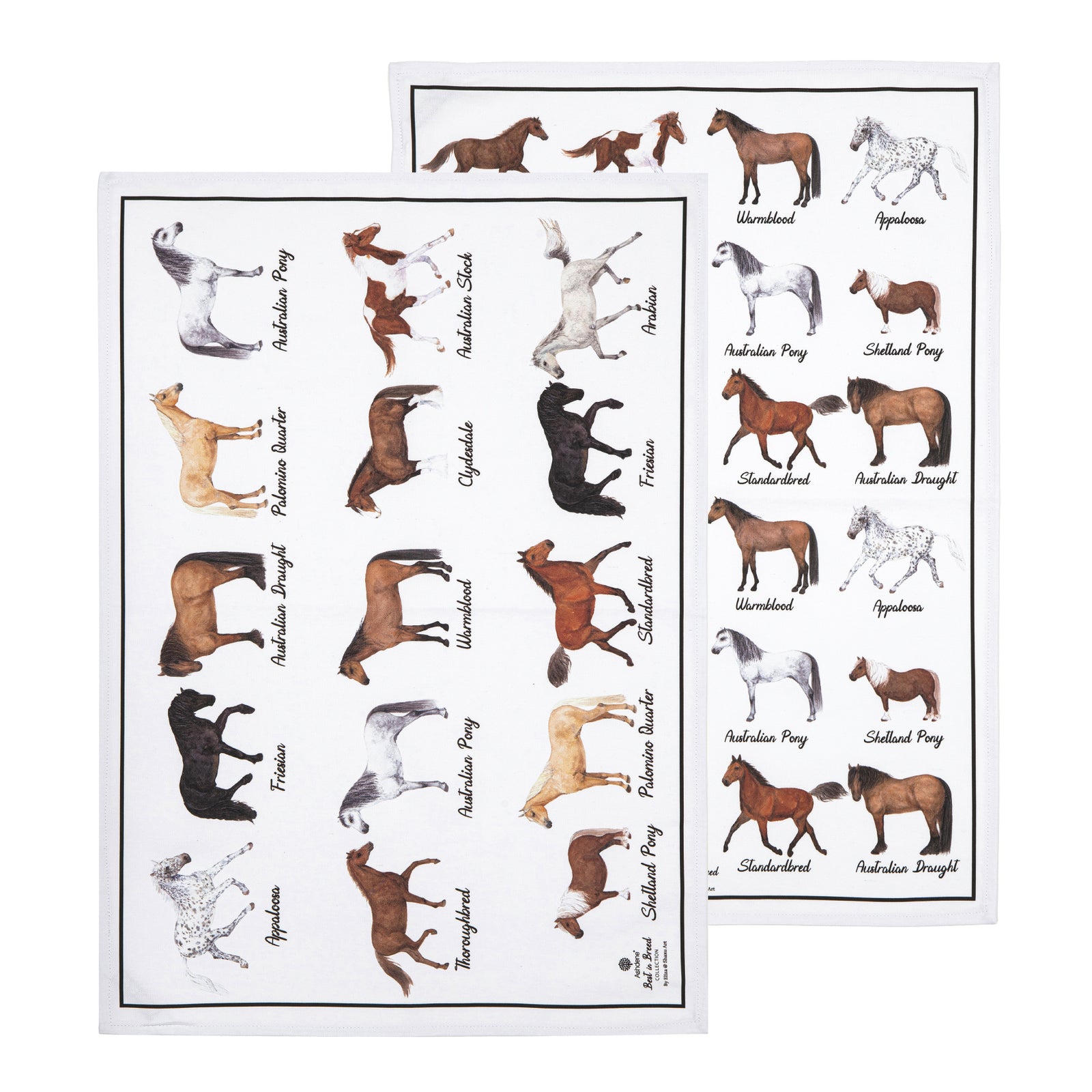 Two sheets of horse stickers with various horse breeds on a white background