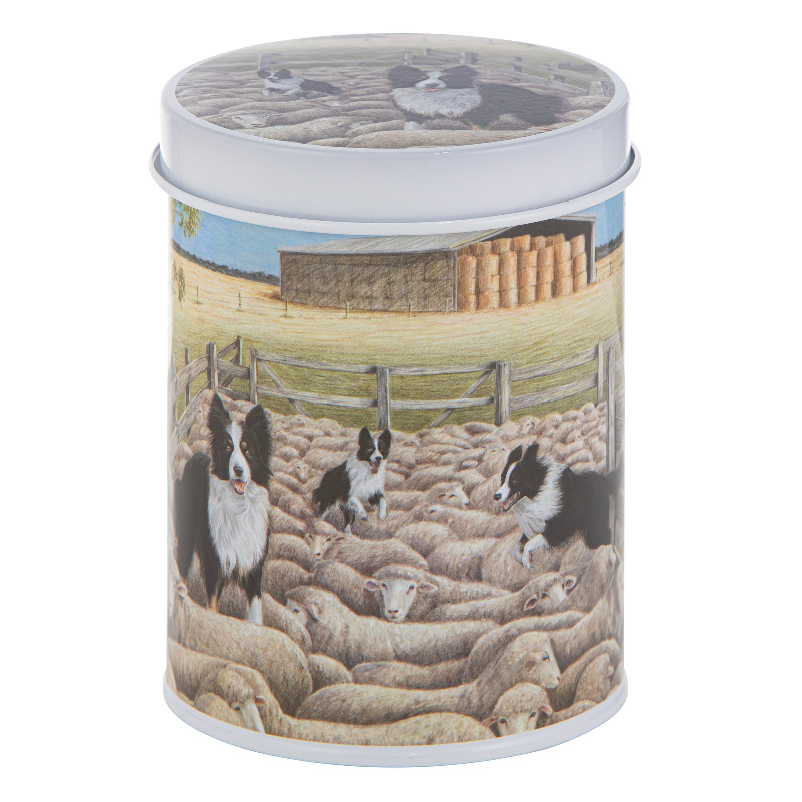 Tin canister with a design of sheep and border collies on a farm scene.