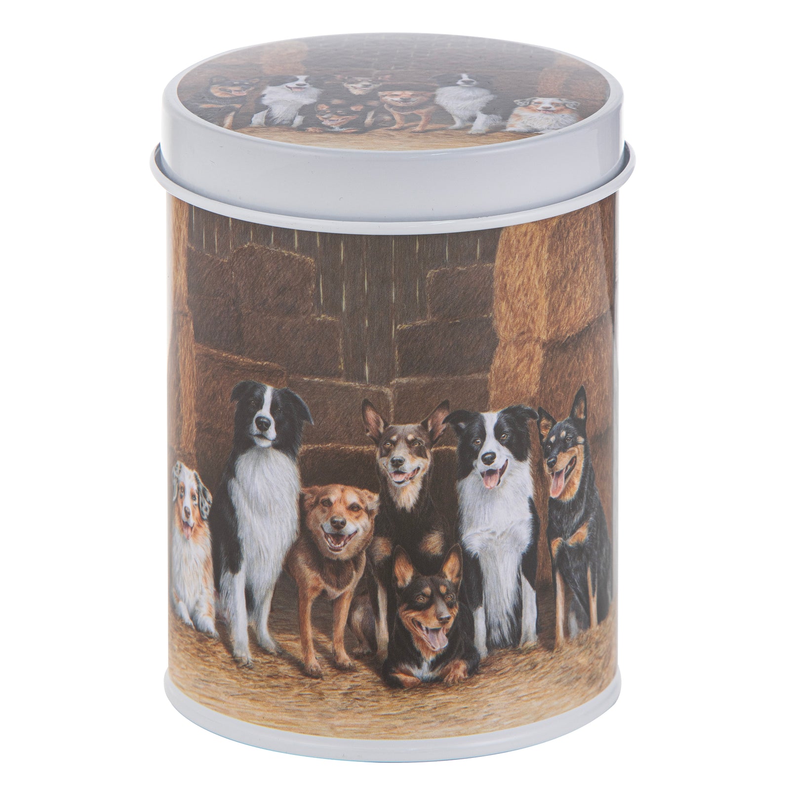 Round tin container with illustrations of dogs on a wooden floor.