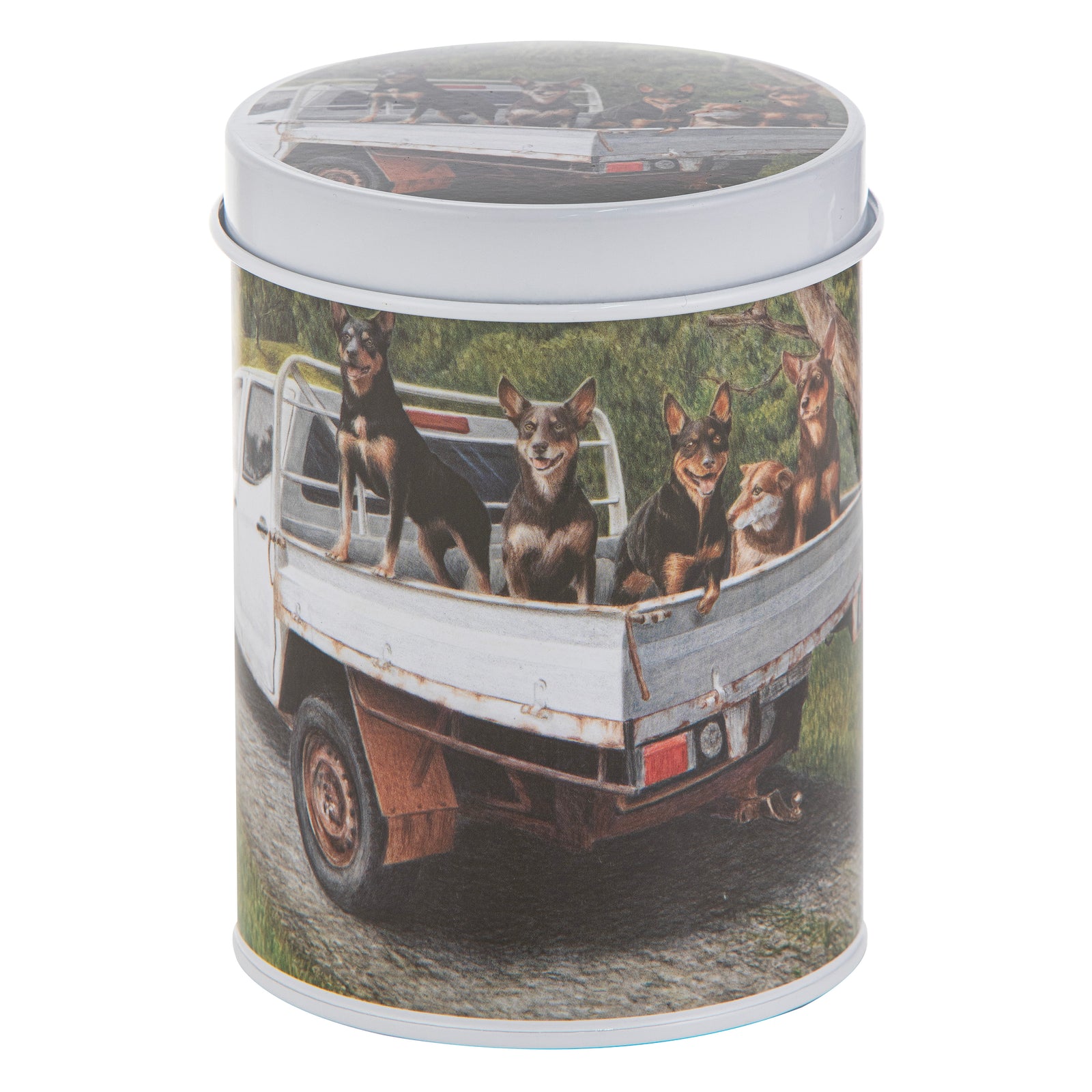 Cylindrical tin container with a design of dogs in a truck on a white background