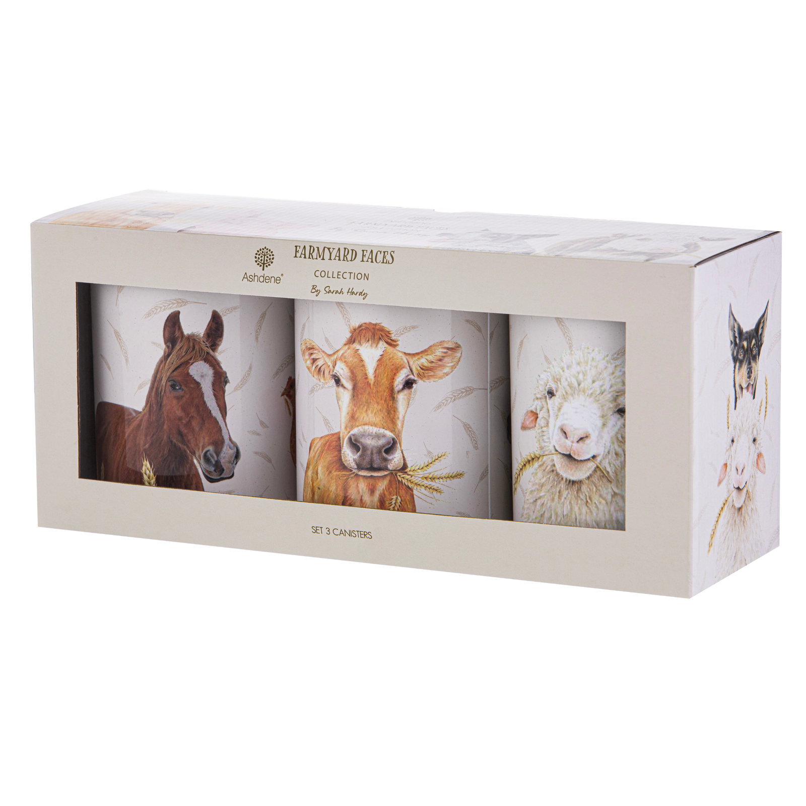 Set of three cannisters with farm animal designs in a box packaging.