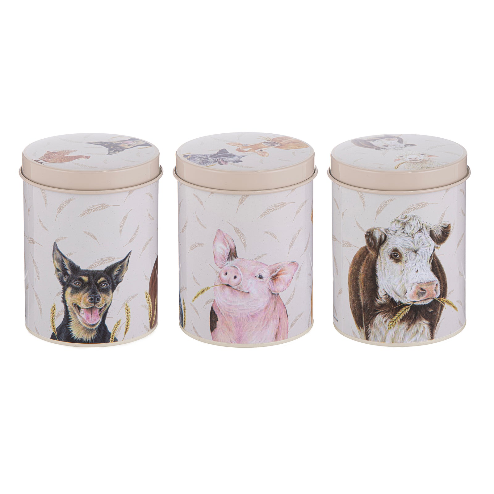 Three cylindrical storage jars with animal-themed designs on a white background