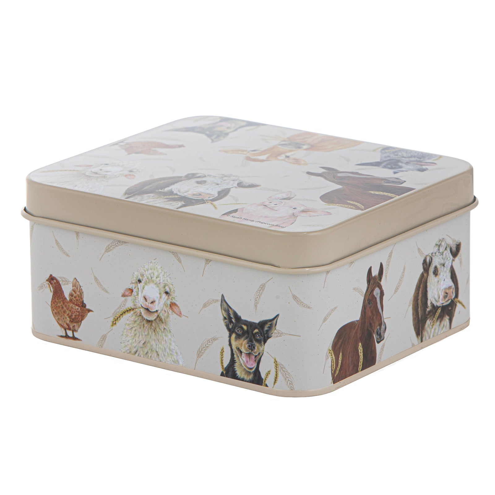 Rectangular tin box with farm animal illustrations on a white background