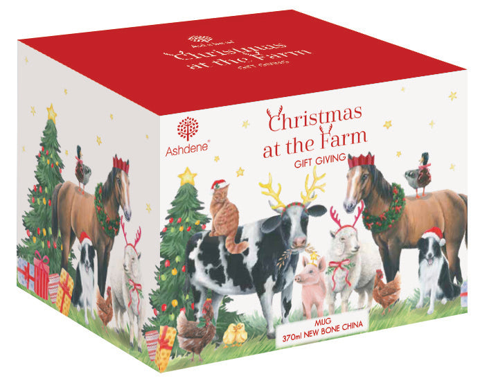 A square Ashdene 'Christmas at the Farm' gift box with a red top and lid, decorated with festive illustrations of farm animals, a Christmas tree, and gifts on a white background.
