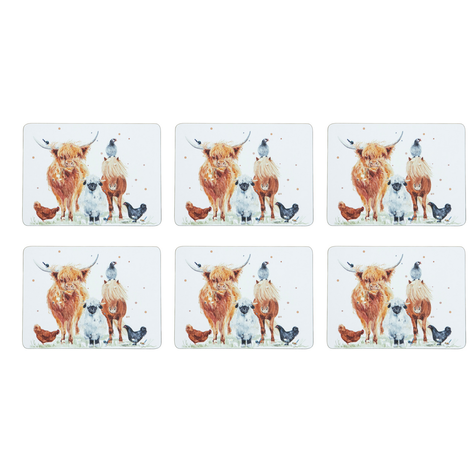 Six rectangular coasters arranged in a 2x3 grid on a white background. Each coaster features a watercolor-style illustration of Highland cows, sheep, chickens, and a small bird on a white surface.