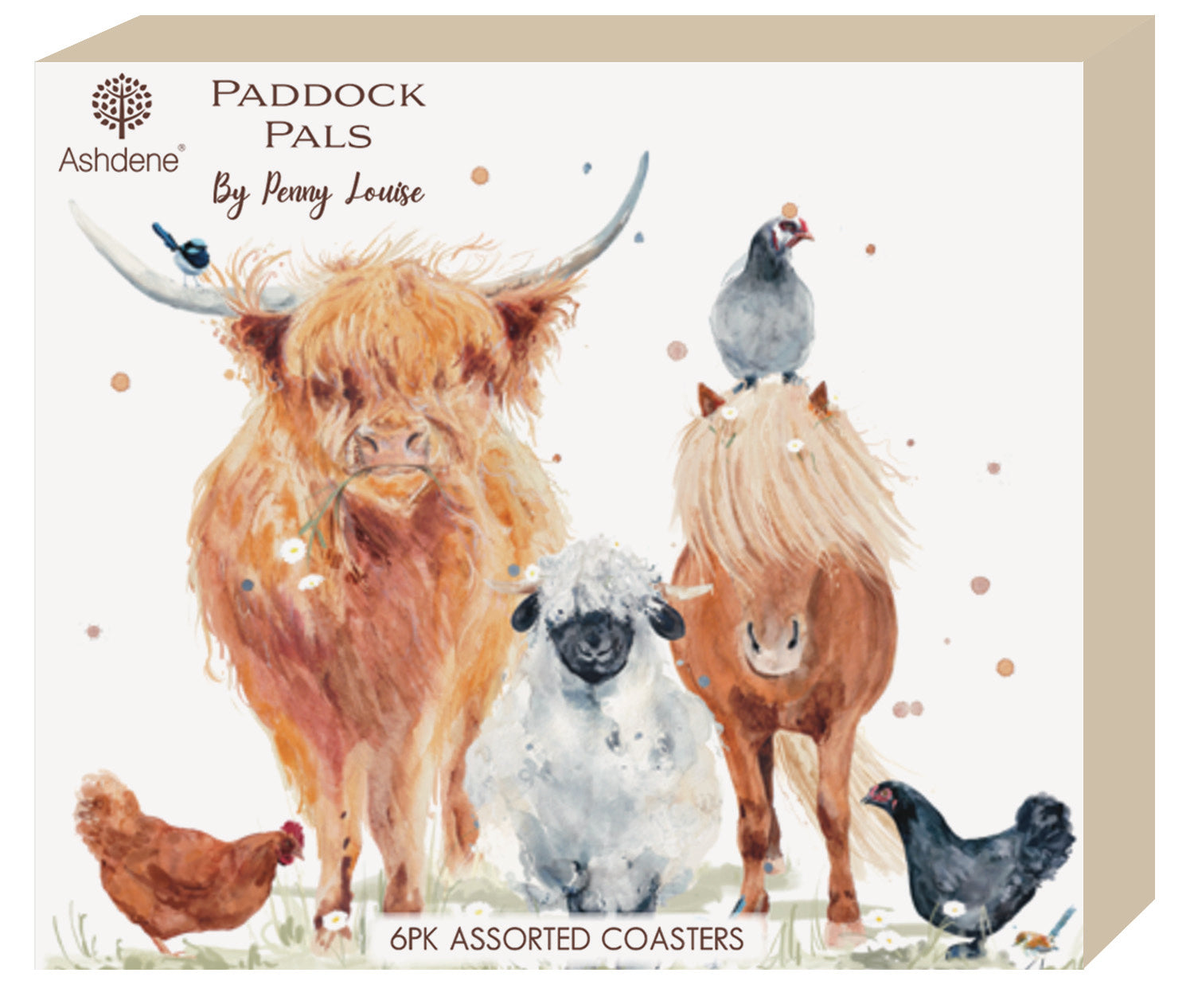 Ashdene Paddock Pals 'By Penny Louise' 6-pack assorted coasters in a square box, featuring watercolor illustrations of Highland cows, a sheep, horses, and chickens on a cream background.
