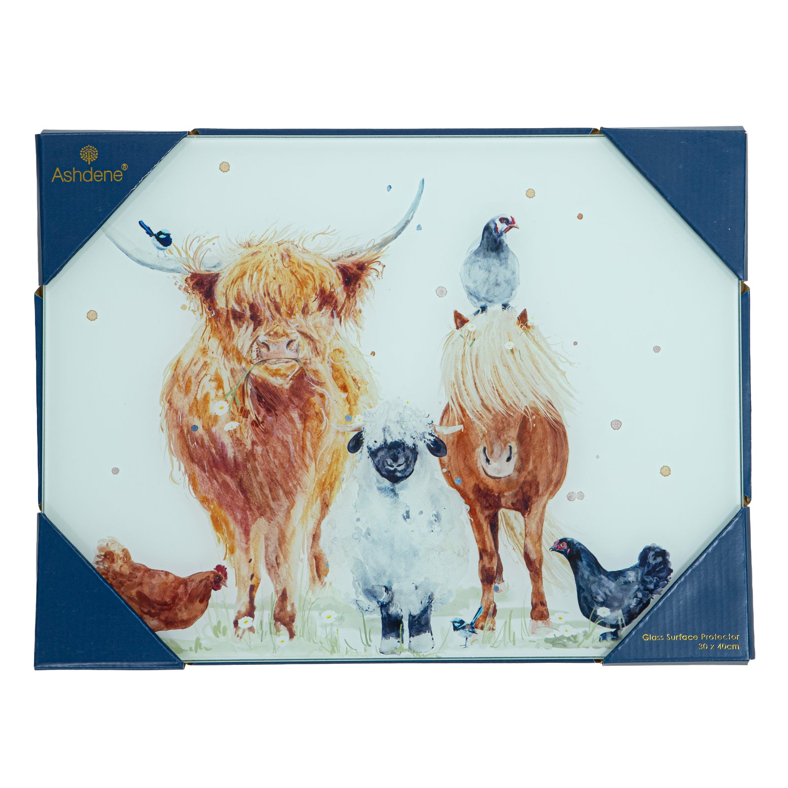 A square decorative board or plaque with rounded corners, featuring a watercolor-style illustration of farm animals including a Highland cow, horse, sheep, chickens, and a bird. The artwork is set against a pale blue background with small gold dots, and the corners are bordered in dark blue.