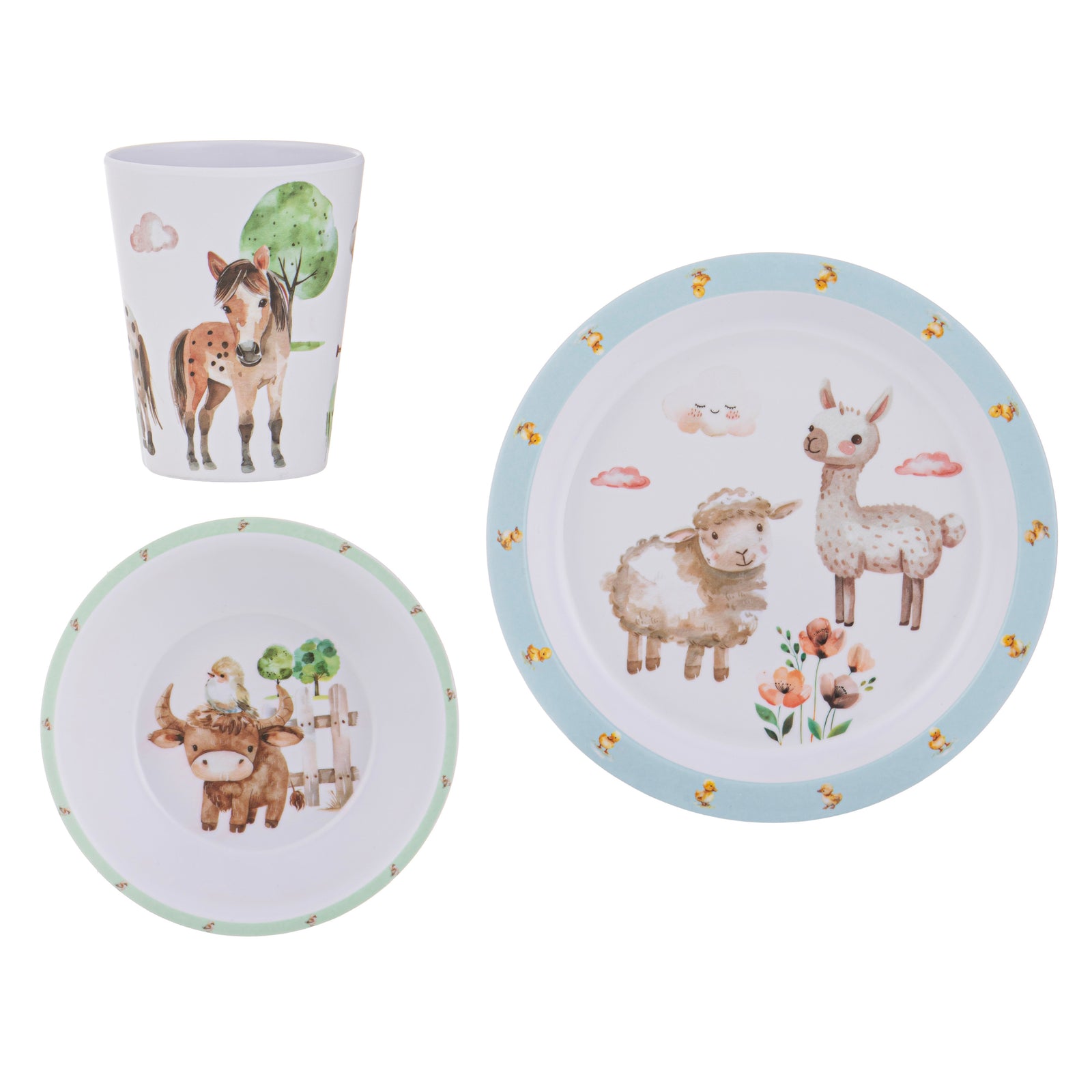A children's dinnerware set featuring a white cup, a shallow bowl, and a larger plate with cute animal illustrations including a horse, sheep, llama, flowers, and clouds. The pieces have pastel-colored borders and are shown on a plain white background.