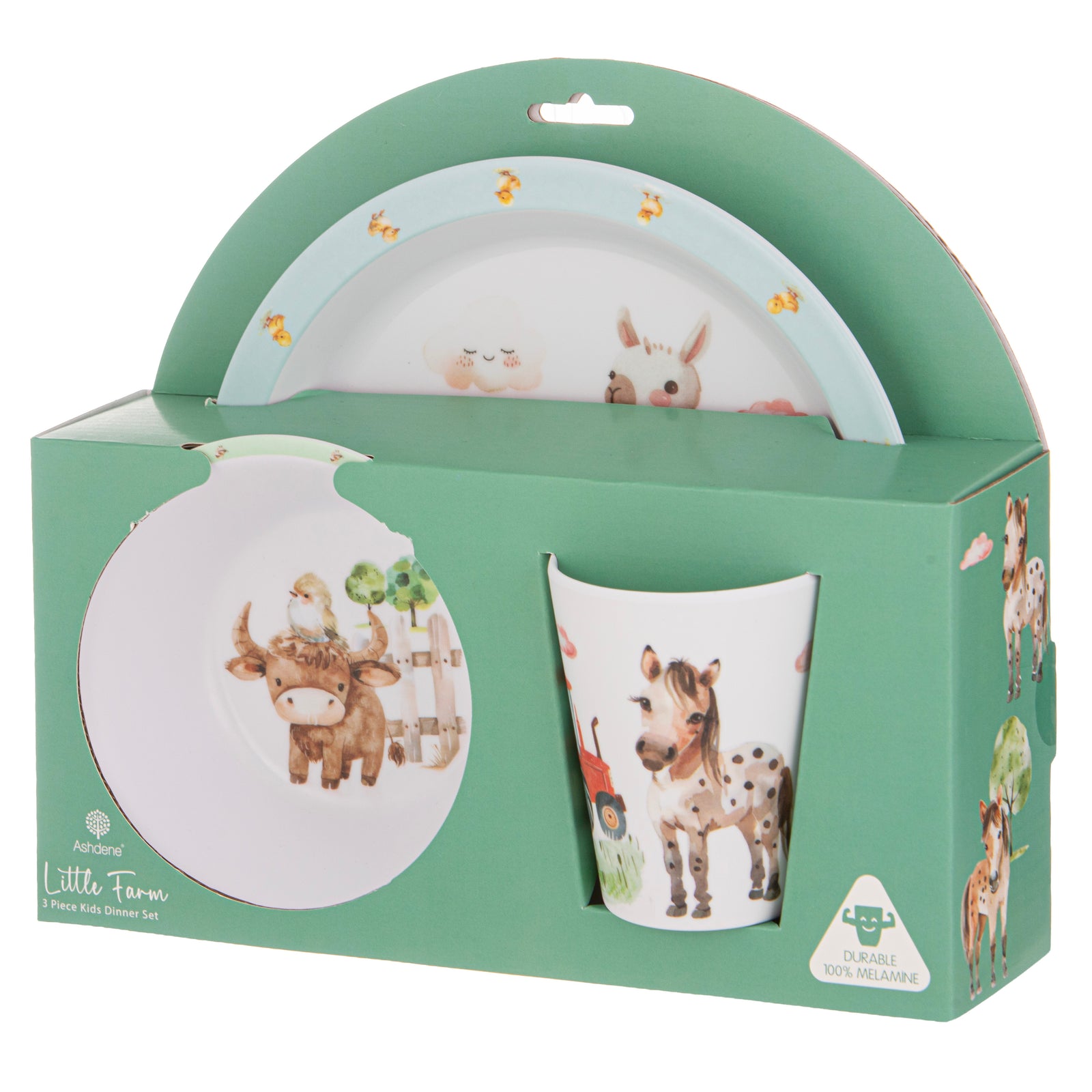 A children's dinner set in its original green packaging, featuring a green handled tray, a white plate with woodland animal illustrations, and a matching white cup with a zebra print.
