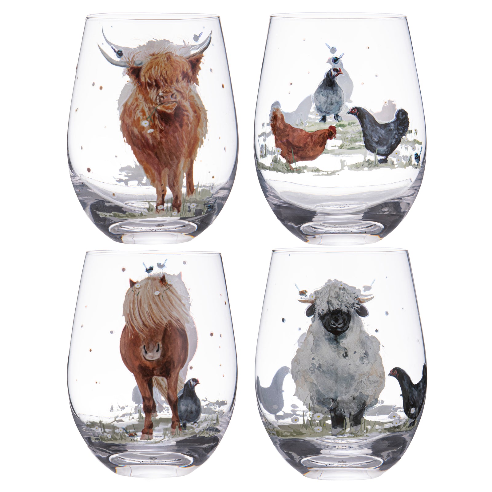 Four clear stemless wine glasses arranged in a 2x2 grid, each printed with a different farm animal illustration: a brown highland cow, chickens, a brown horse, and a white sheep with a black chicken. The glasses are shown on a plain white background.