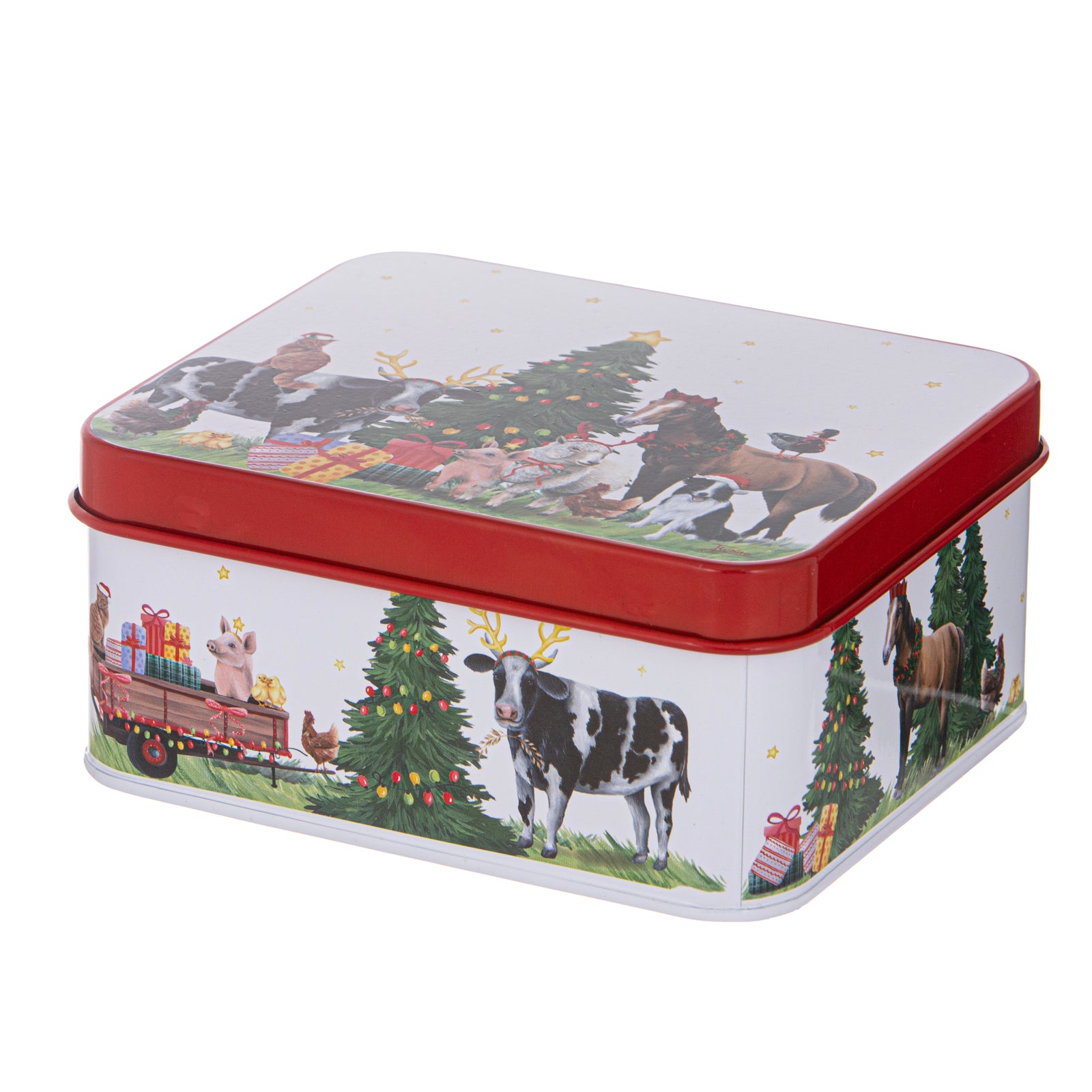A square metal gift tin with a red lid and a white body, decorated with a festive Christmas farm scene featuring a cow, horse, trees, gifts, and a truck, shown on a plain white background.