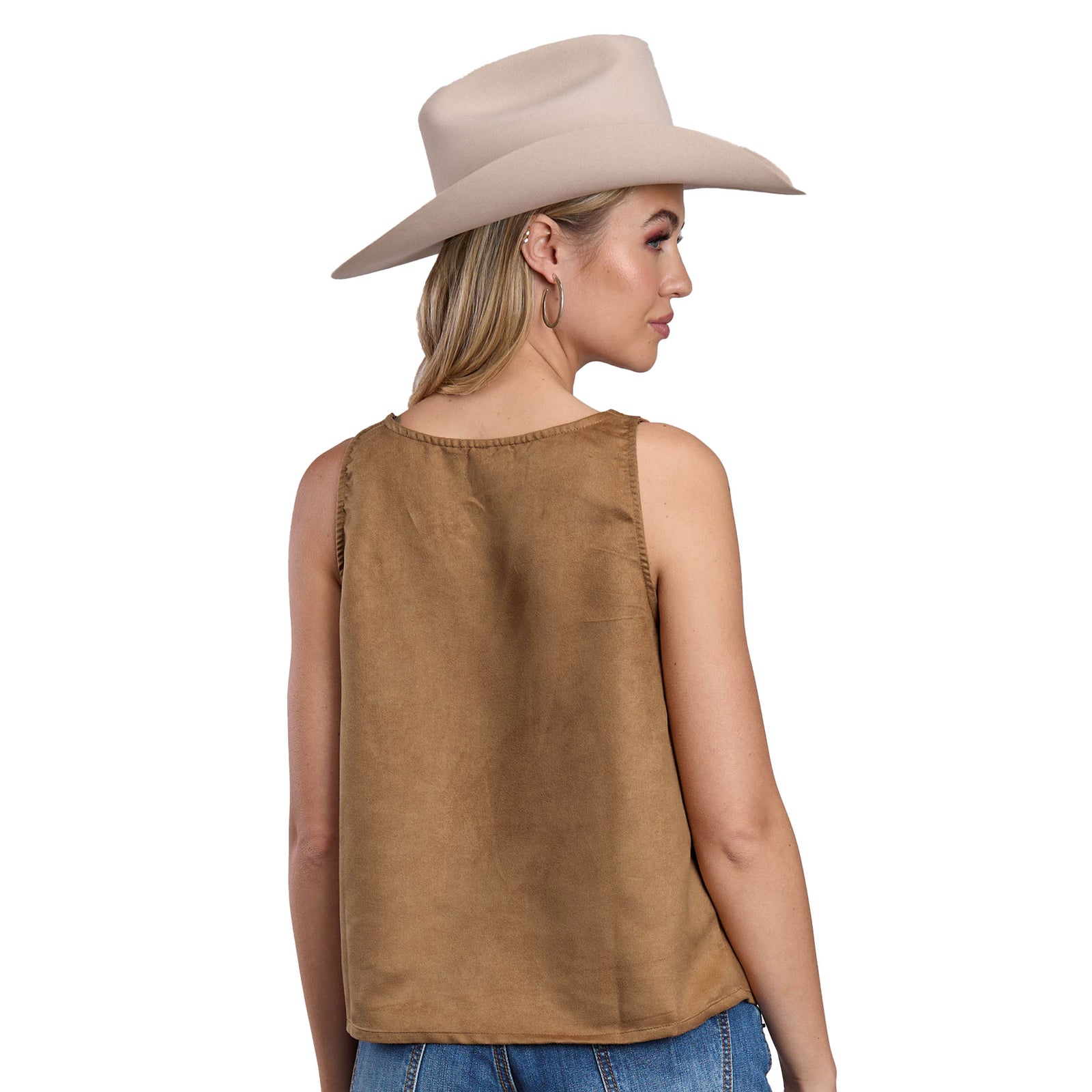 Woman wearing a beige hat and brown sleeveless top on a white background