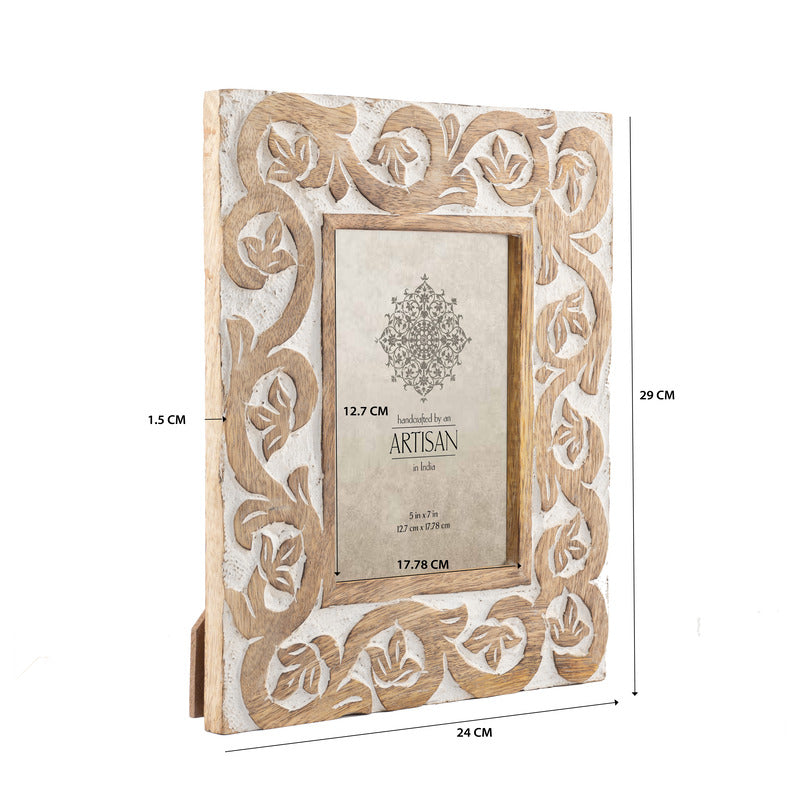Handcrafted 5×7″ Mango Wood ‘Bold’ Photo Frame. Decorative wooden photo frame with intricate carvings and measurements on a white background