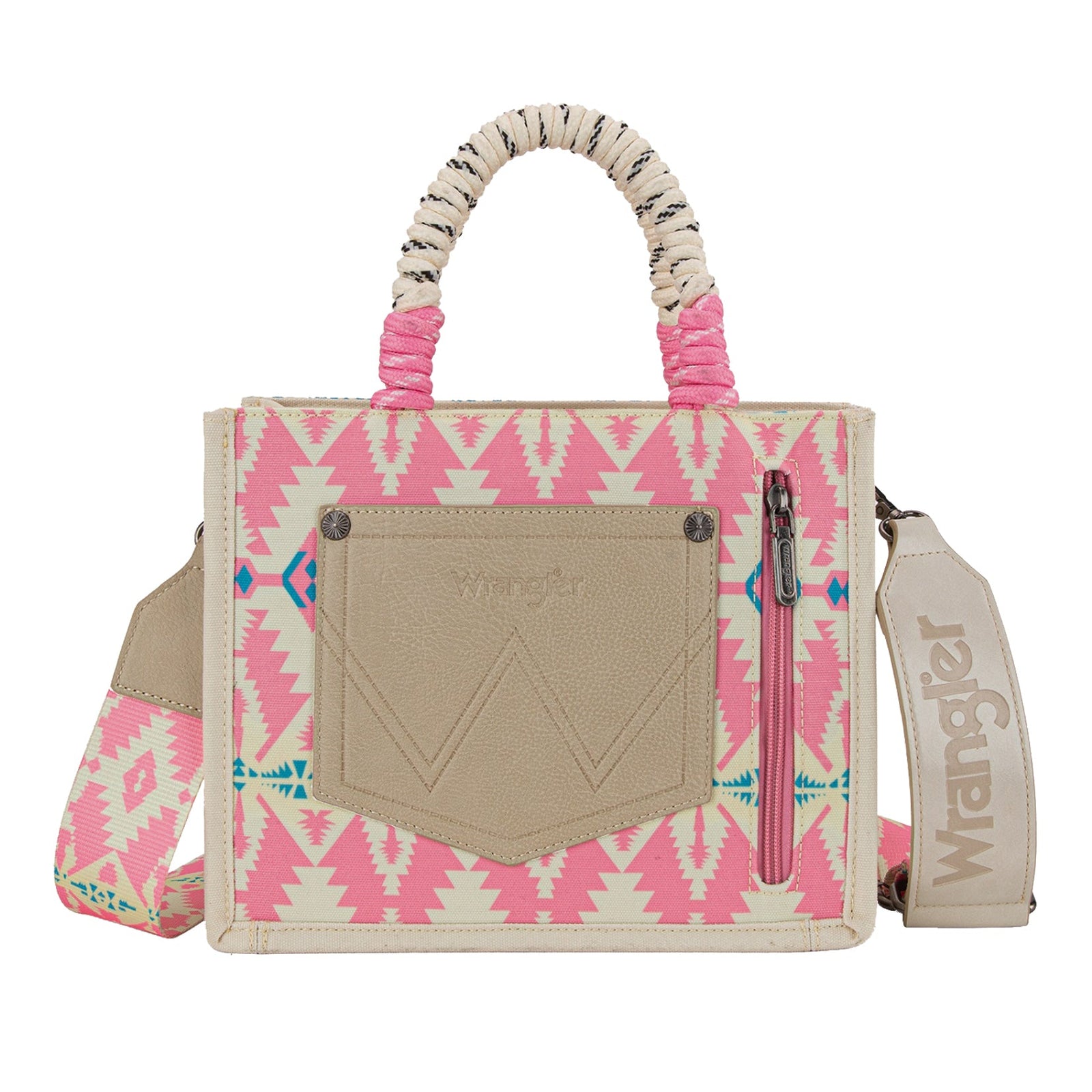 Wrangler Pink Southwestern Rope Handle Bag. Handbag with pink and white pattern on a white background