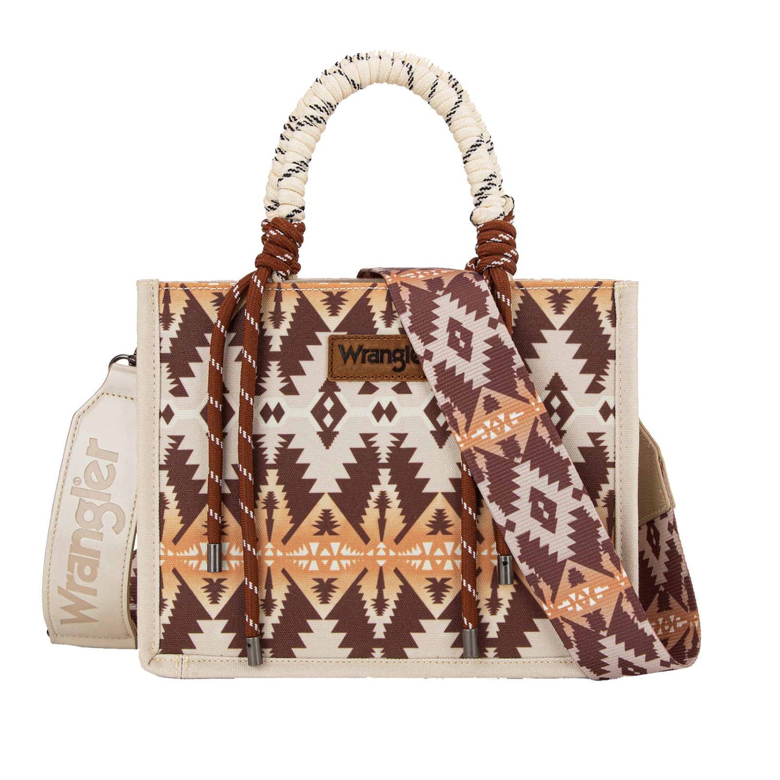 Wrangler Mocha Southwestern Rope Handle Bag. Handbag with tribal pattern and Wrangler branding on a white background