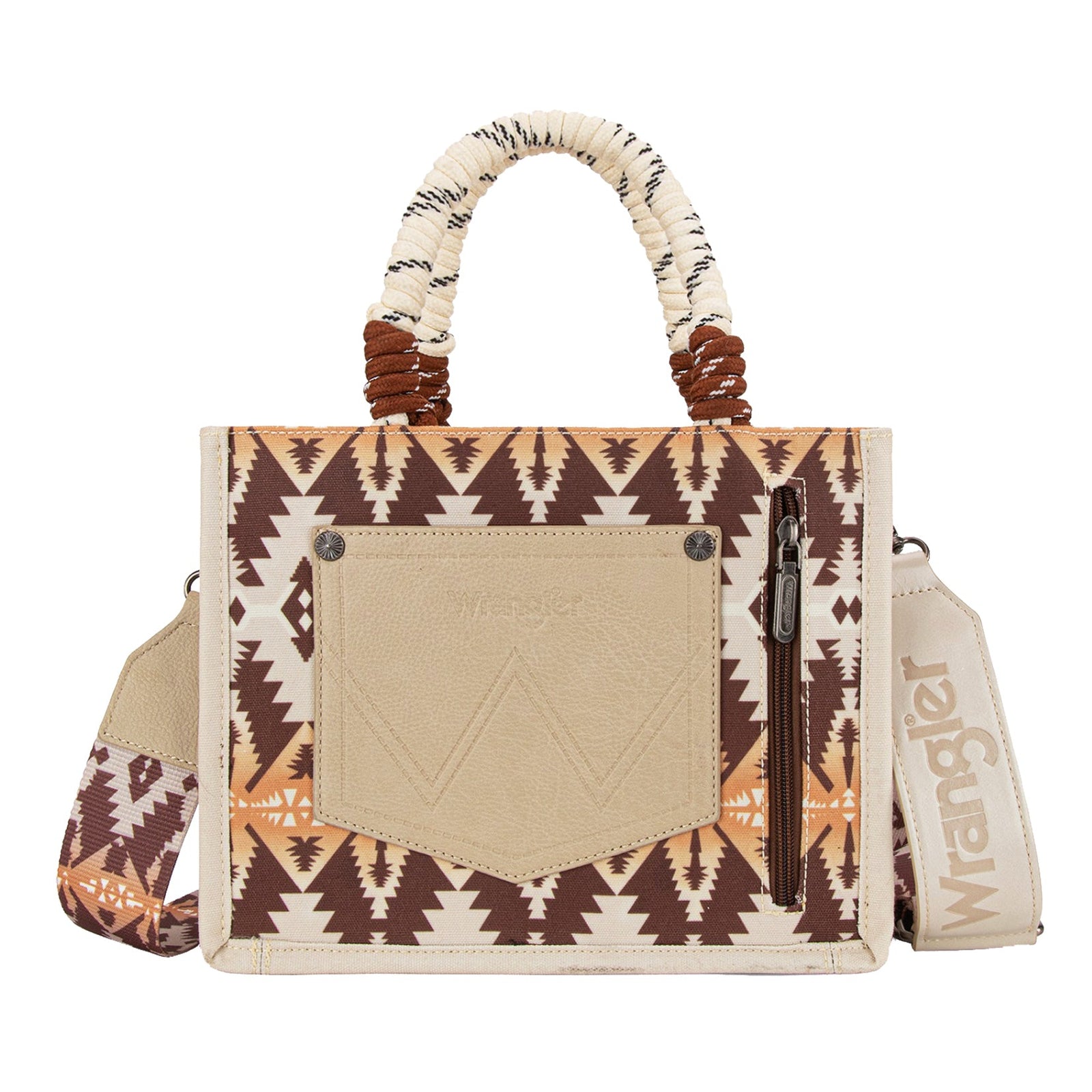 Wrangler Mocha Southwestern Rope Handle Bag. Handbag with tribal pattern and 'Wrangler' branding on a white background