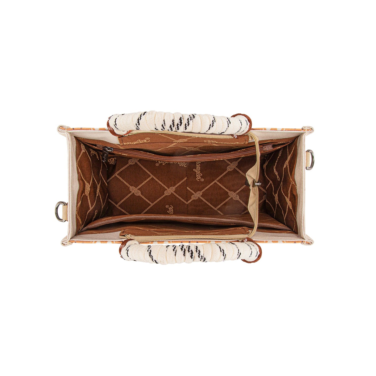 Wrangler Mocha Southwestern Rope Handle Bag. Brown handbag with gold accents on a white background