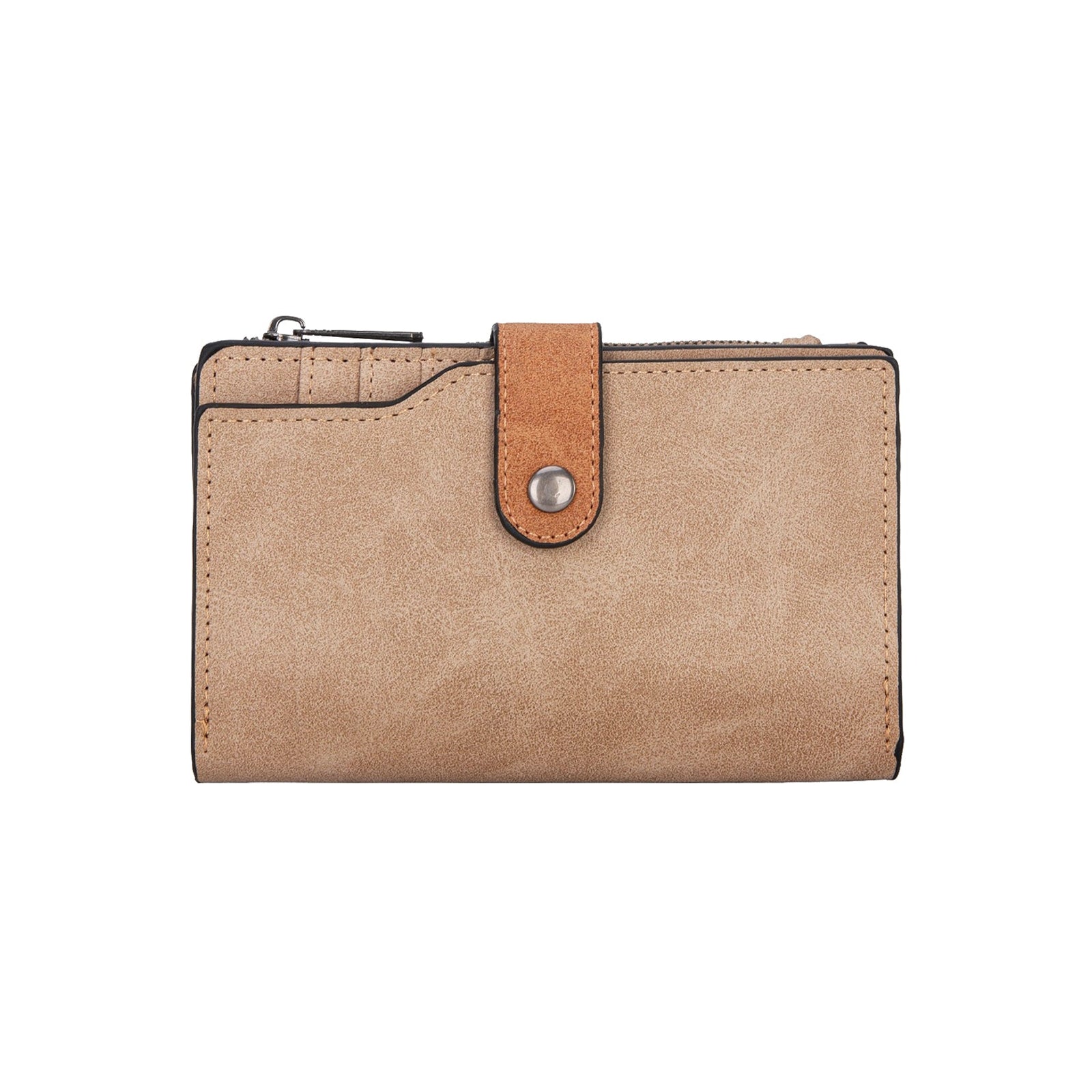 Wrangler Camel W Stitch Western Wallet. Beige wallet with a brown strap on a white background