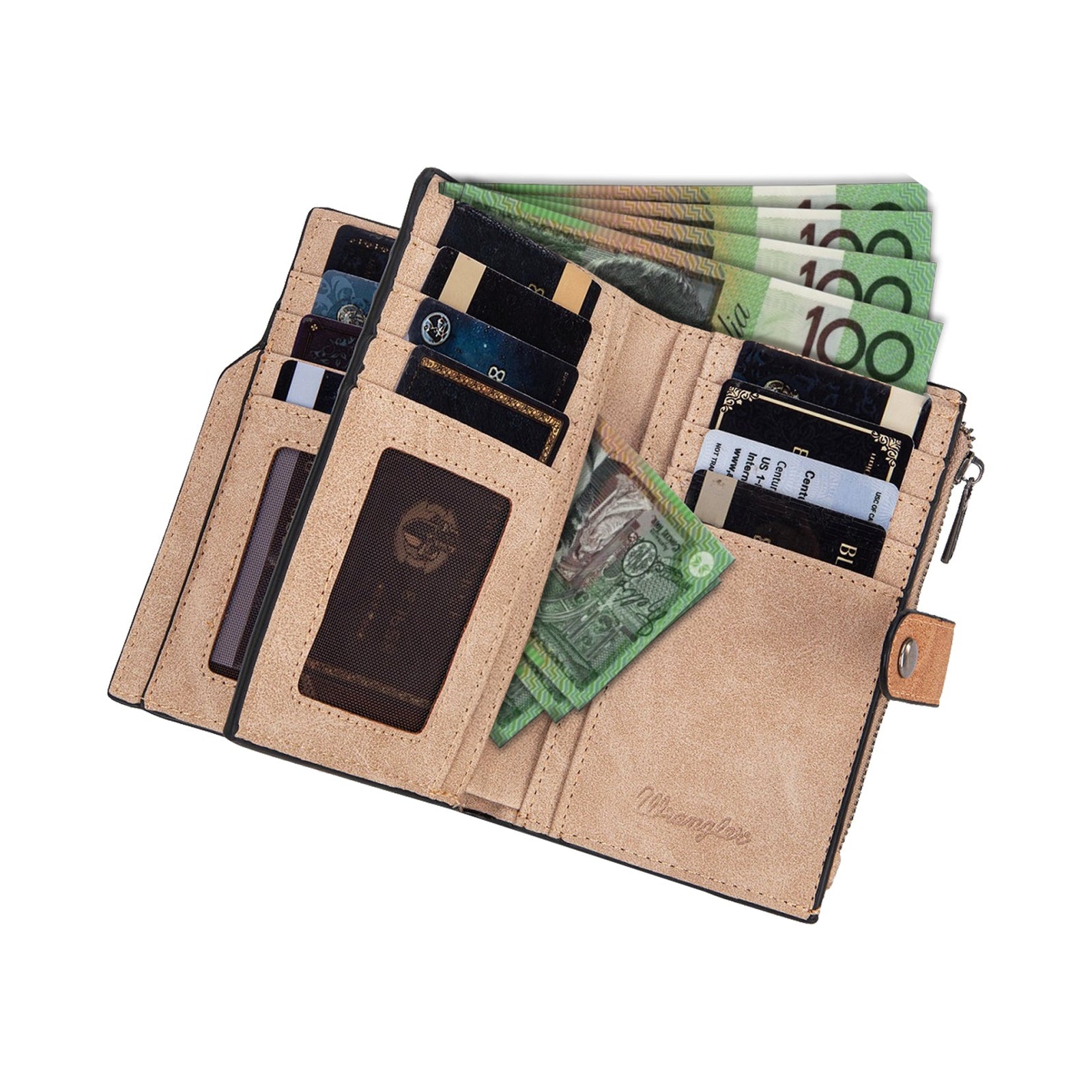 Wrangler Camel W Stitch Western Wallet. Beige wallet with money and cards on a white background